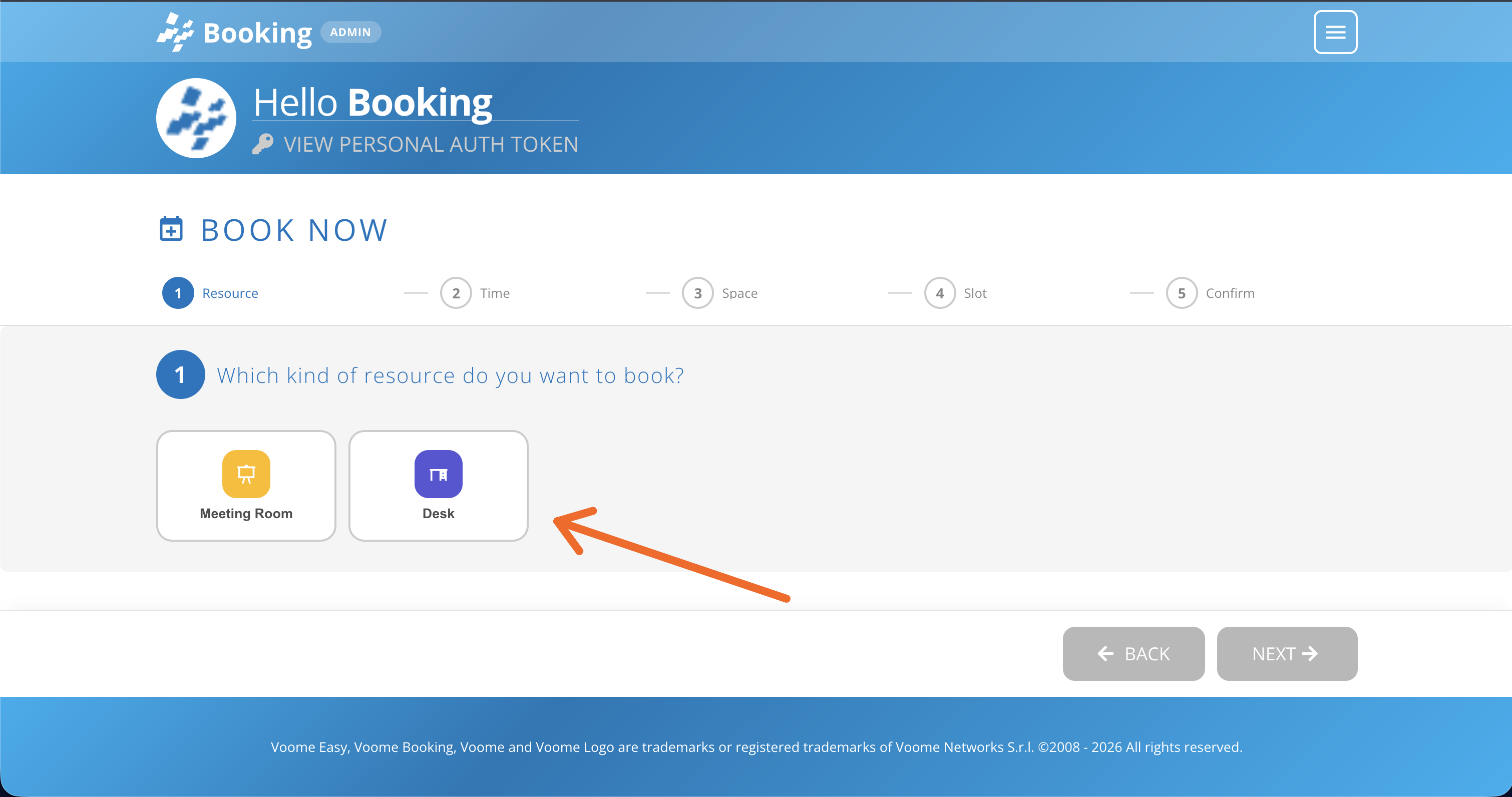Step 1 of Book Now, asking which kind of resource to book and listing only Meeting Room and Desk