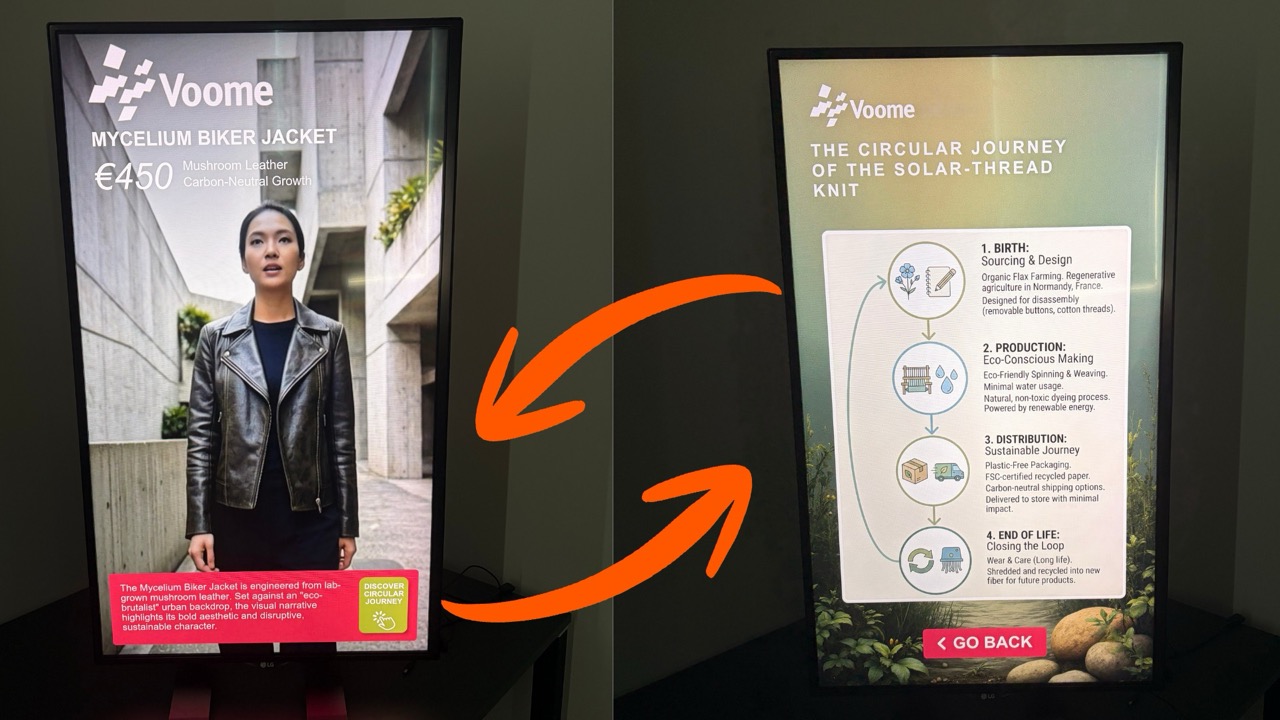 Two views of the same touch screen: a product page with a DISCOVER CIRCULAR JOURNEY button, and the hidden detail page it opens, which has a GO BACK button