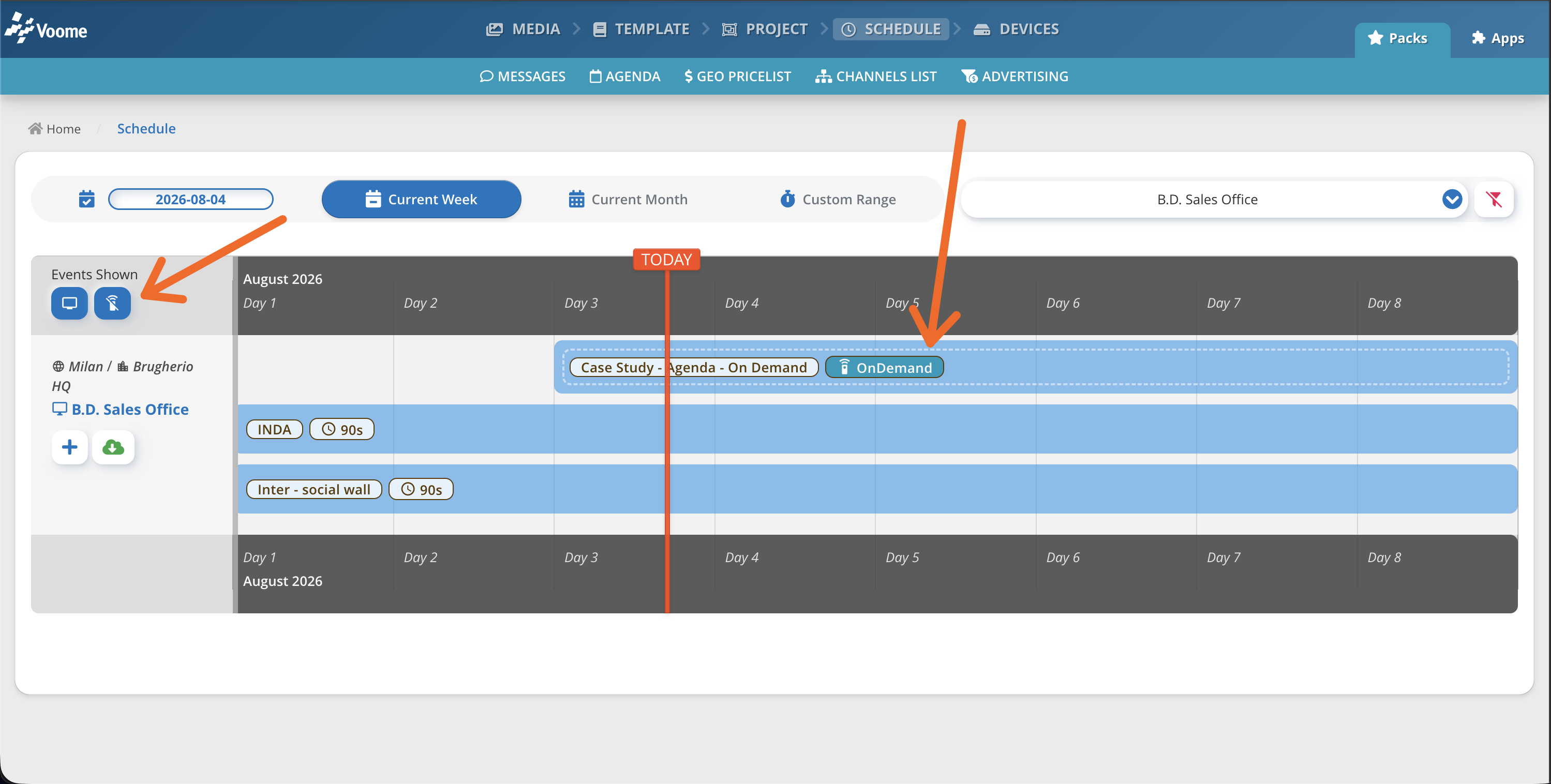 Schedule view with the Events Shown buttons in the top left and a project marked OnDemand