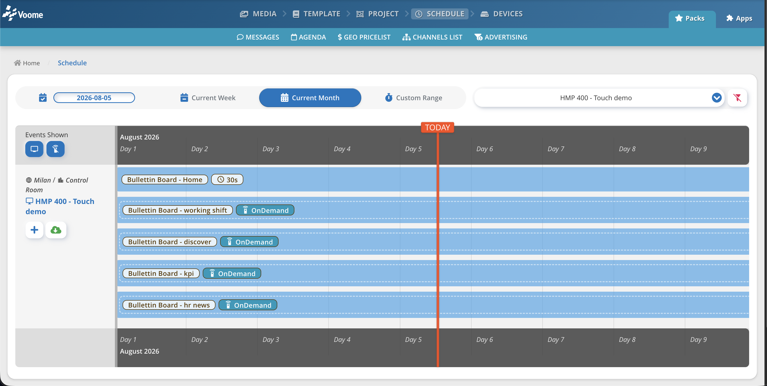 Schedule of a touch device with a Home project and four on demand projects, one for each page of the bulletin board