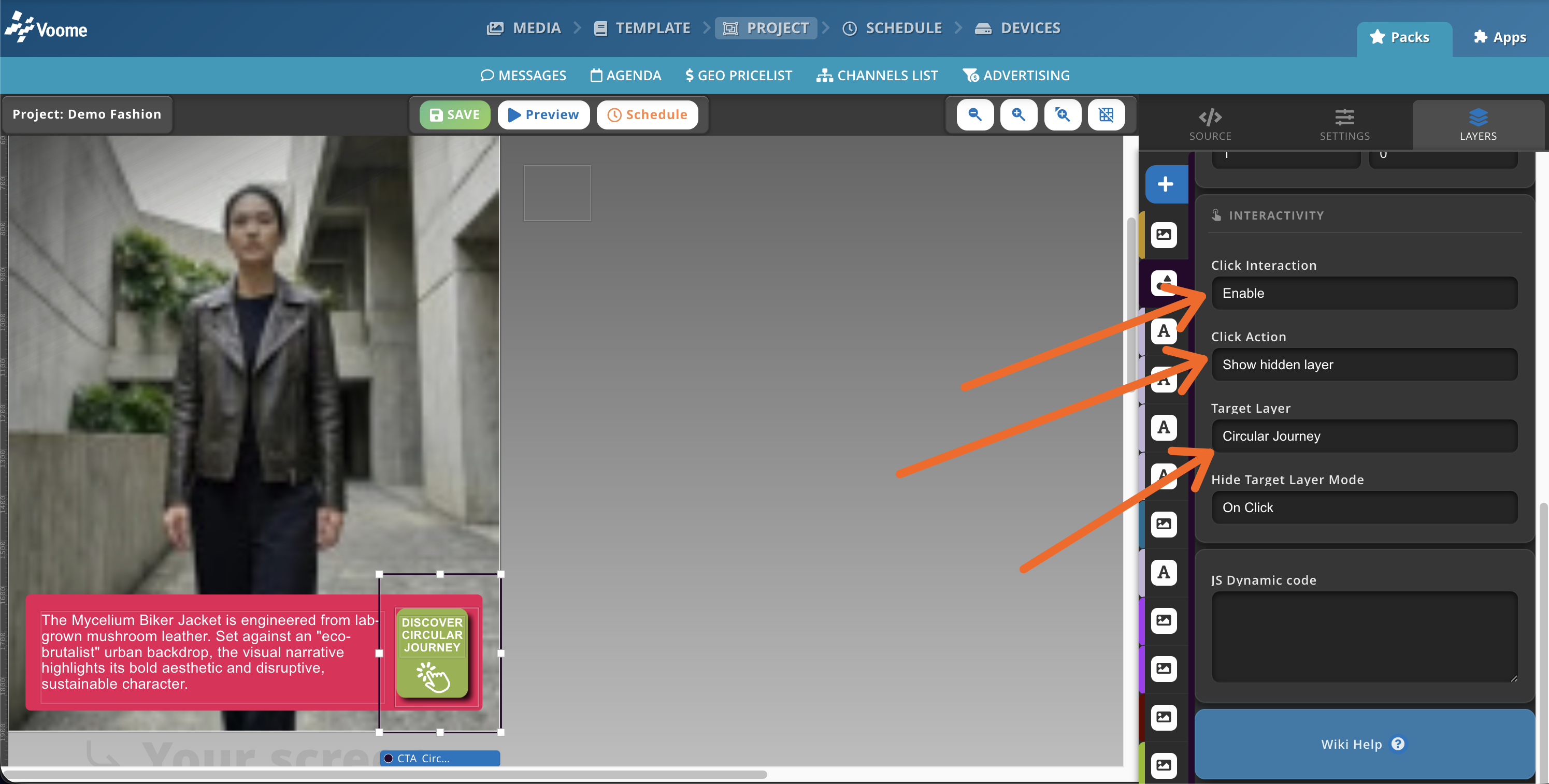 INTERACTIVITY section of the shape layer, with Click Interaction enabled, Click Action set to Show hidden layer, and the Circular Journey layer as target