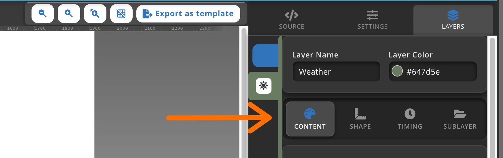 A layer's configuration tabs: Content, Shape, Timing, and Sublayers