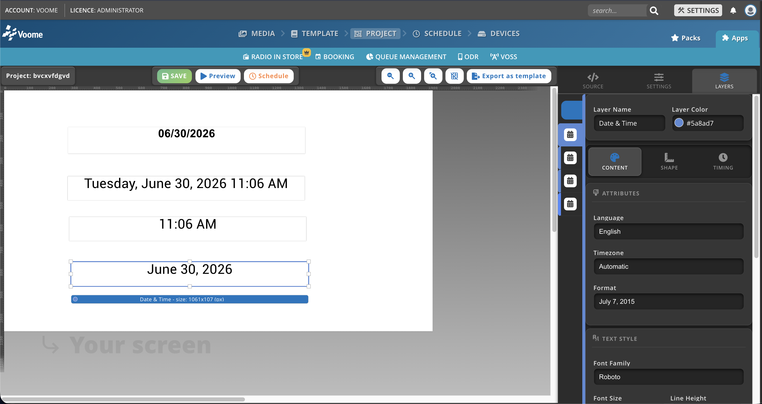 Adding layer date and time in the Project editor