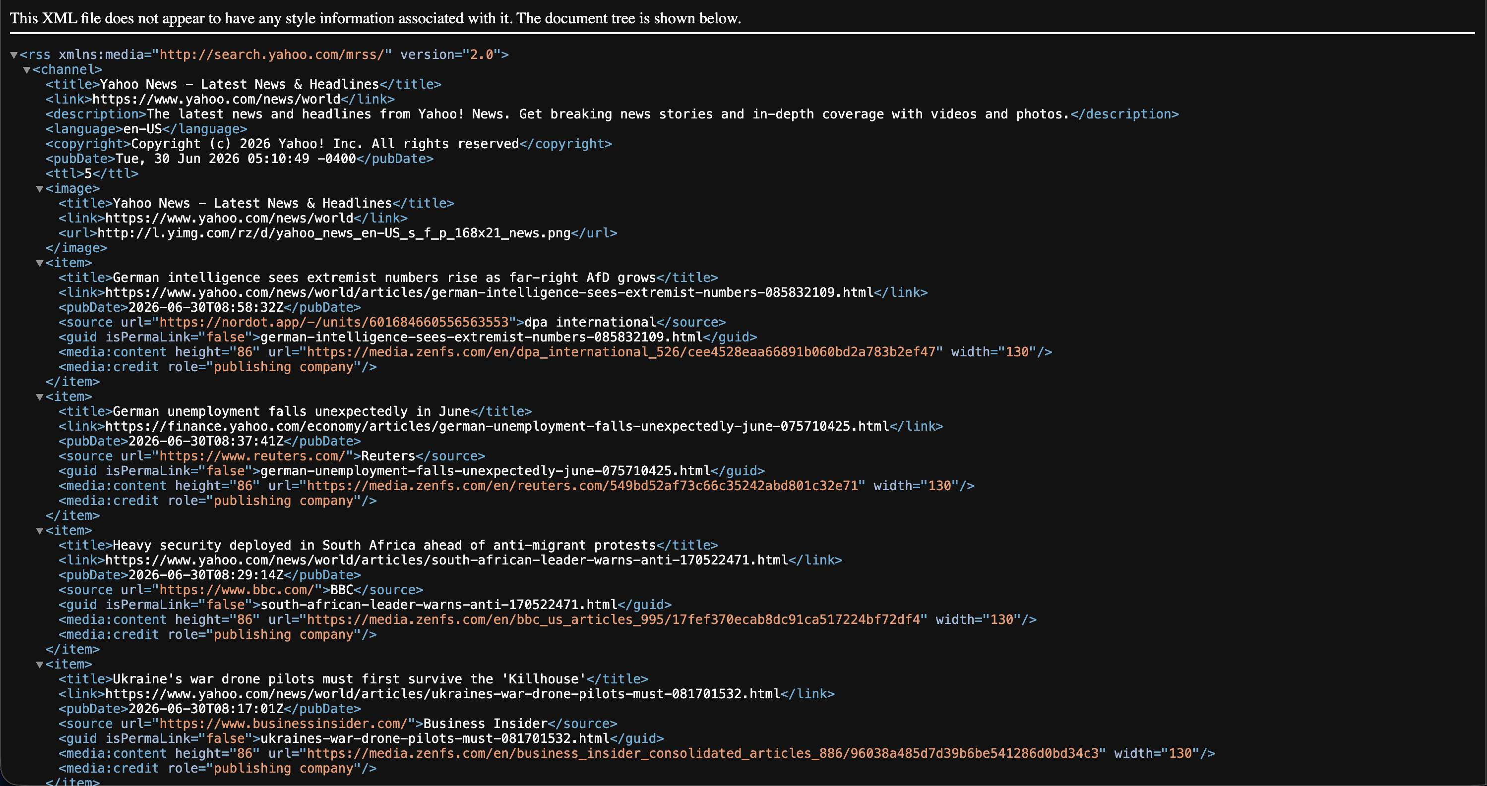 An RSS feed opened in a browser, showing its XML structure