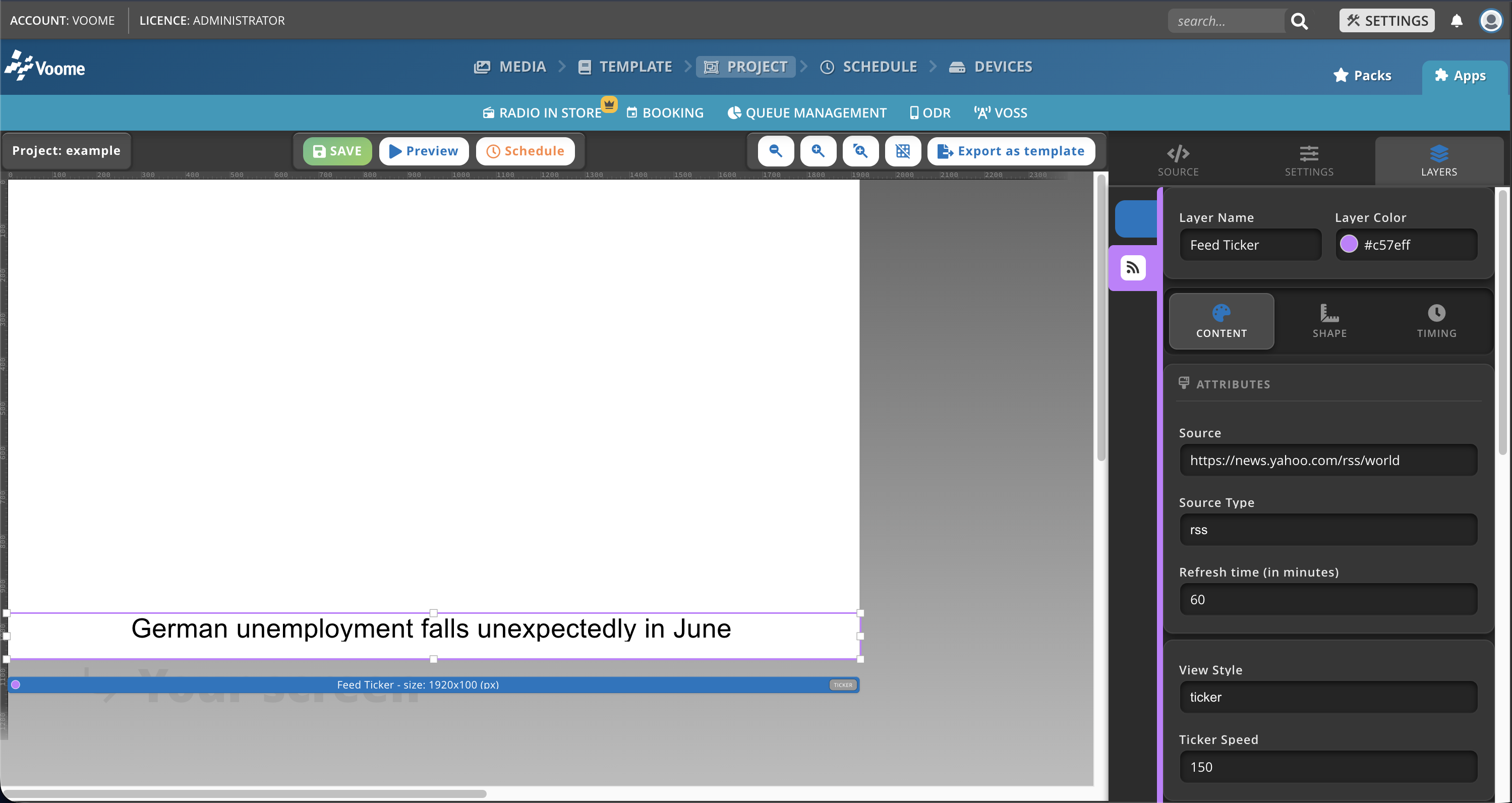 Adding a feed-ticker layer in the Project editor