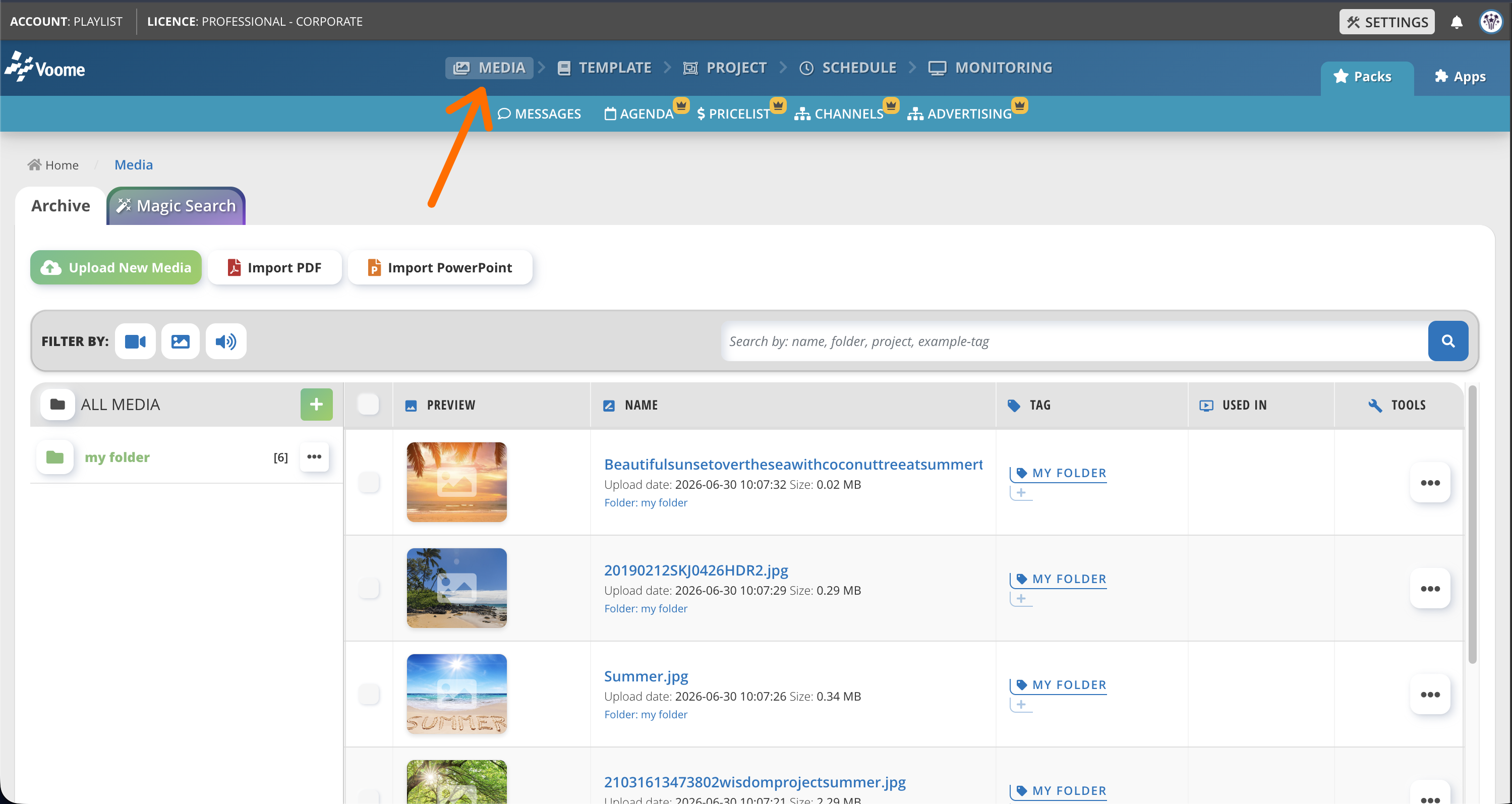 Voome Media library with the upload panel open