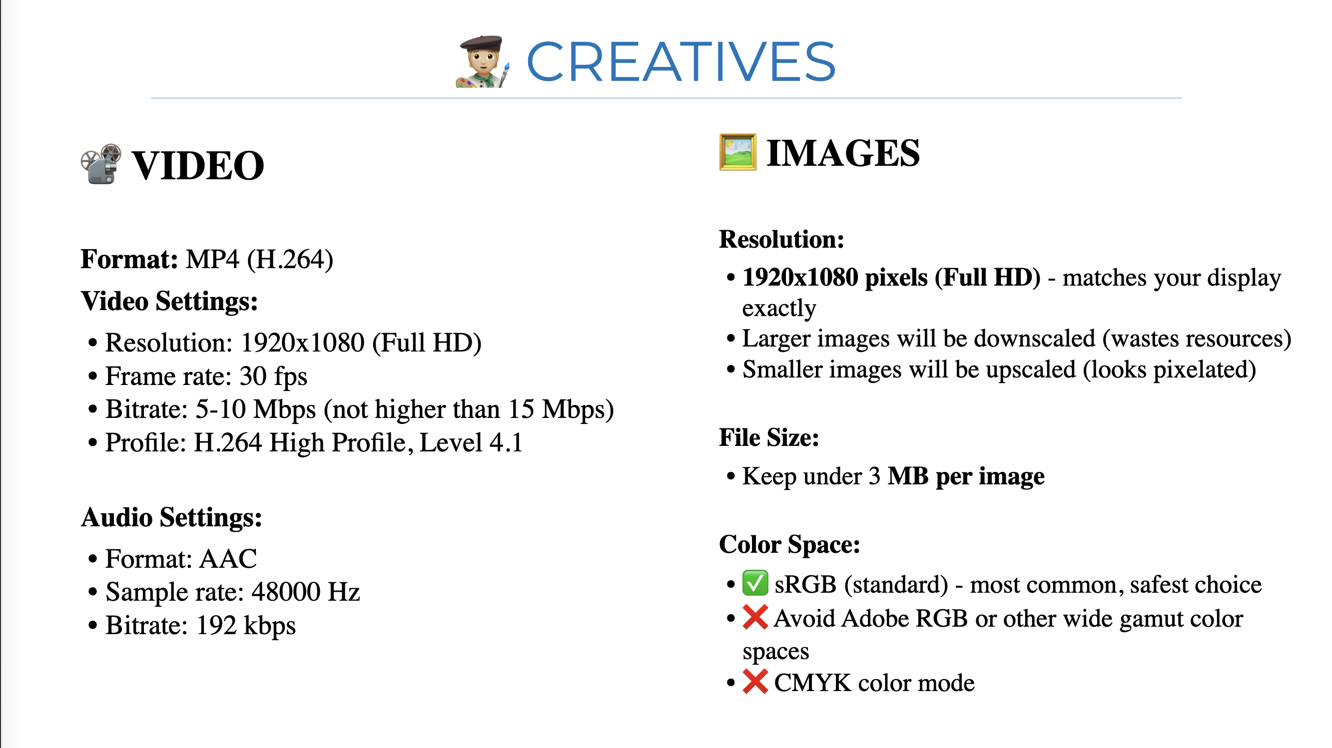 Recommended export and transcoding settings for media