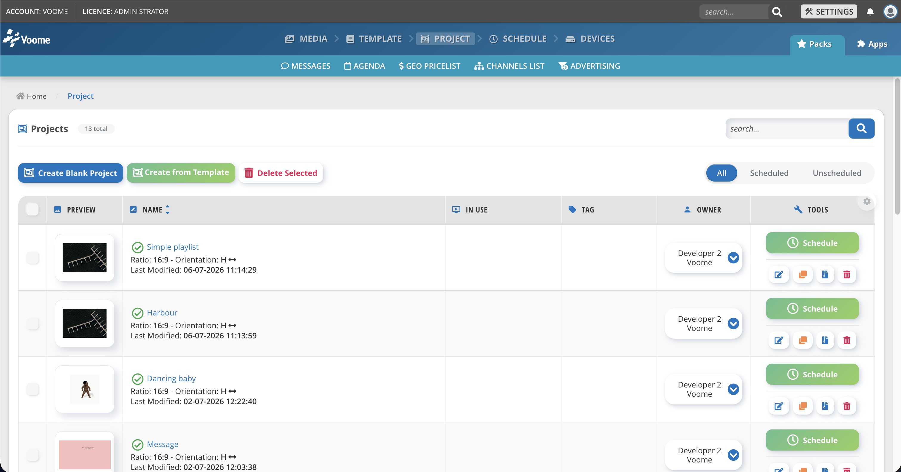 Project editor with a template and layered elements