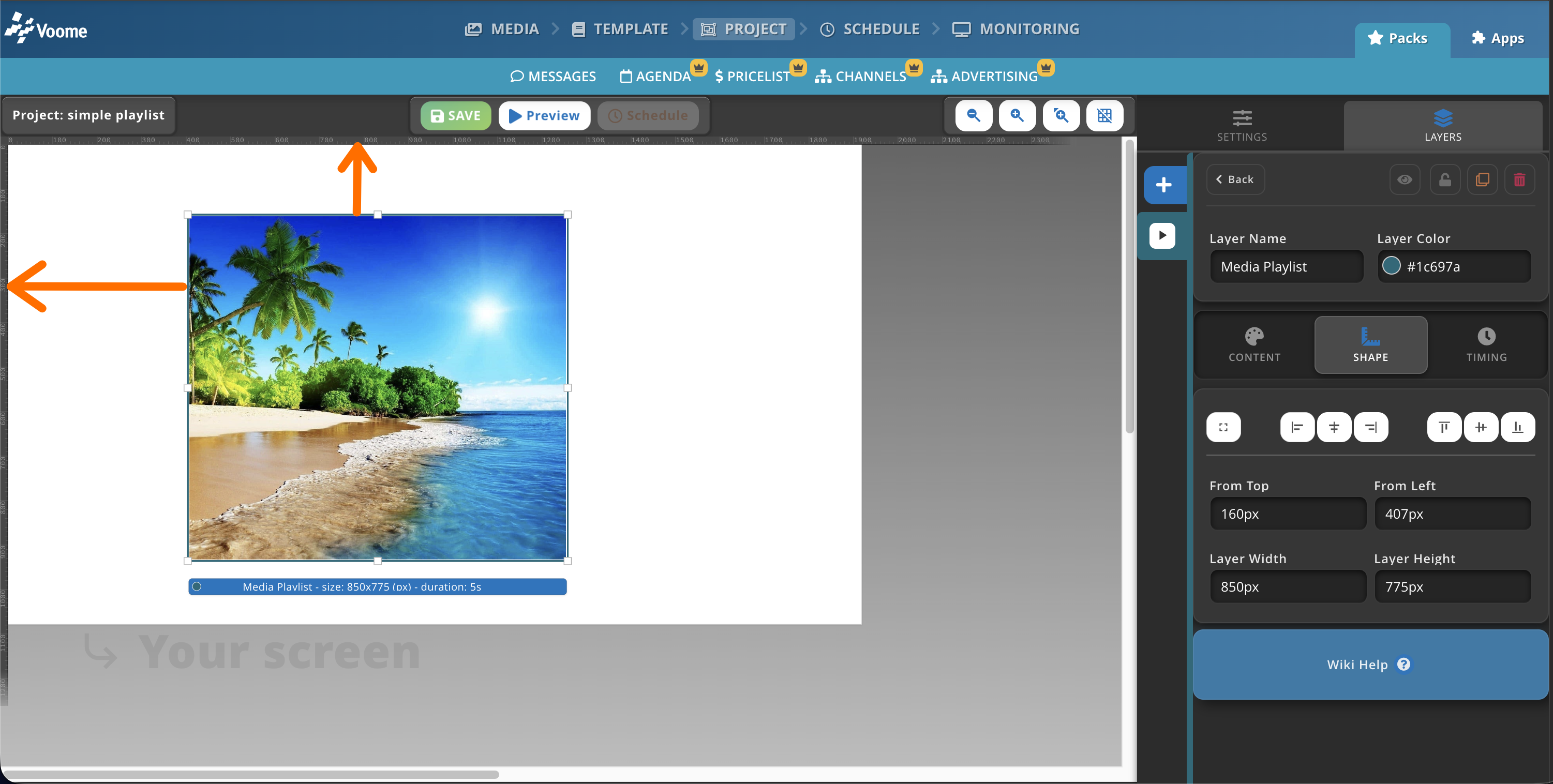 Project editor with a template and layered elements