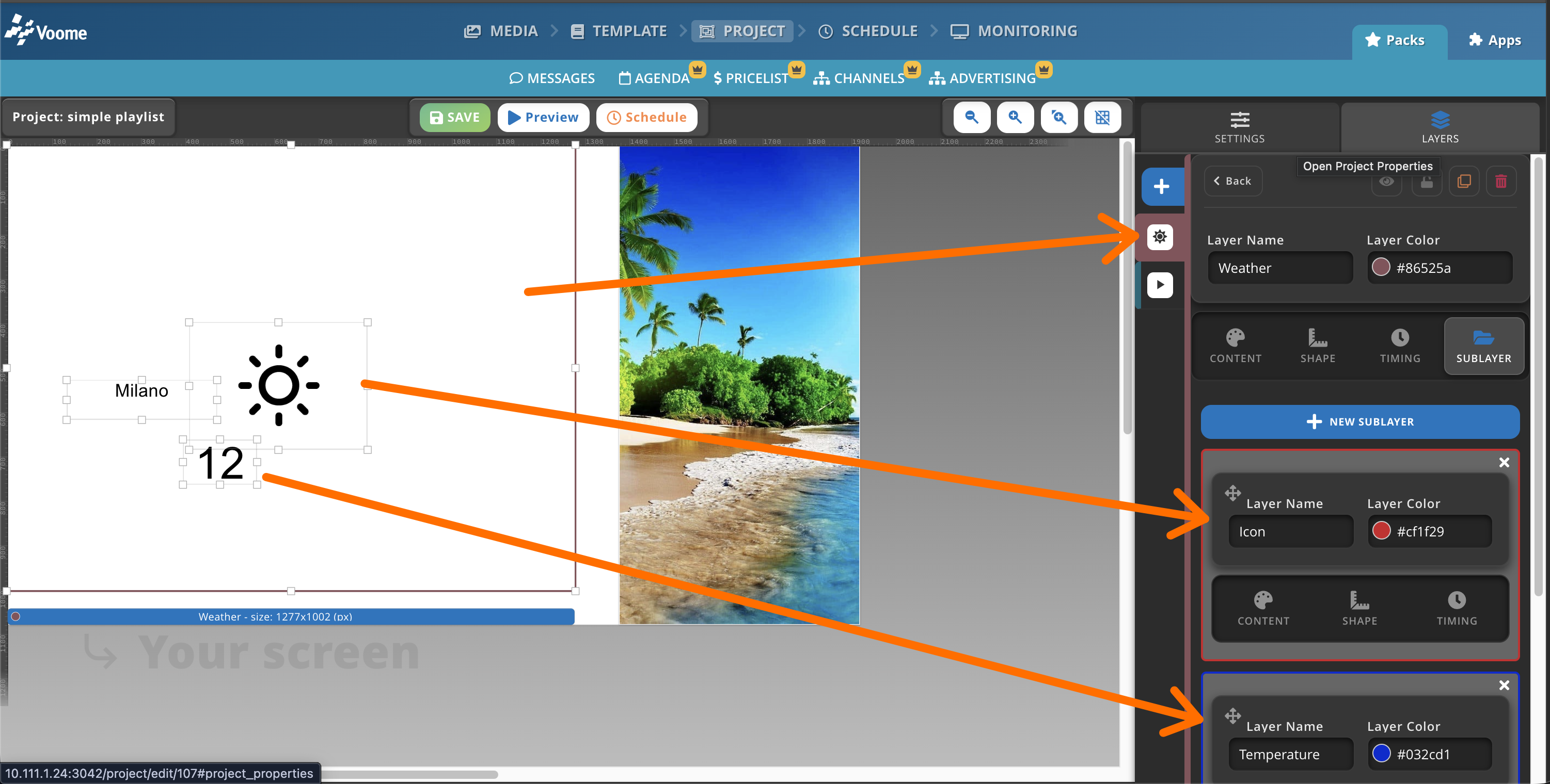 Project editor with a template and layered elements