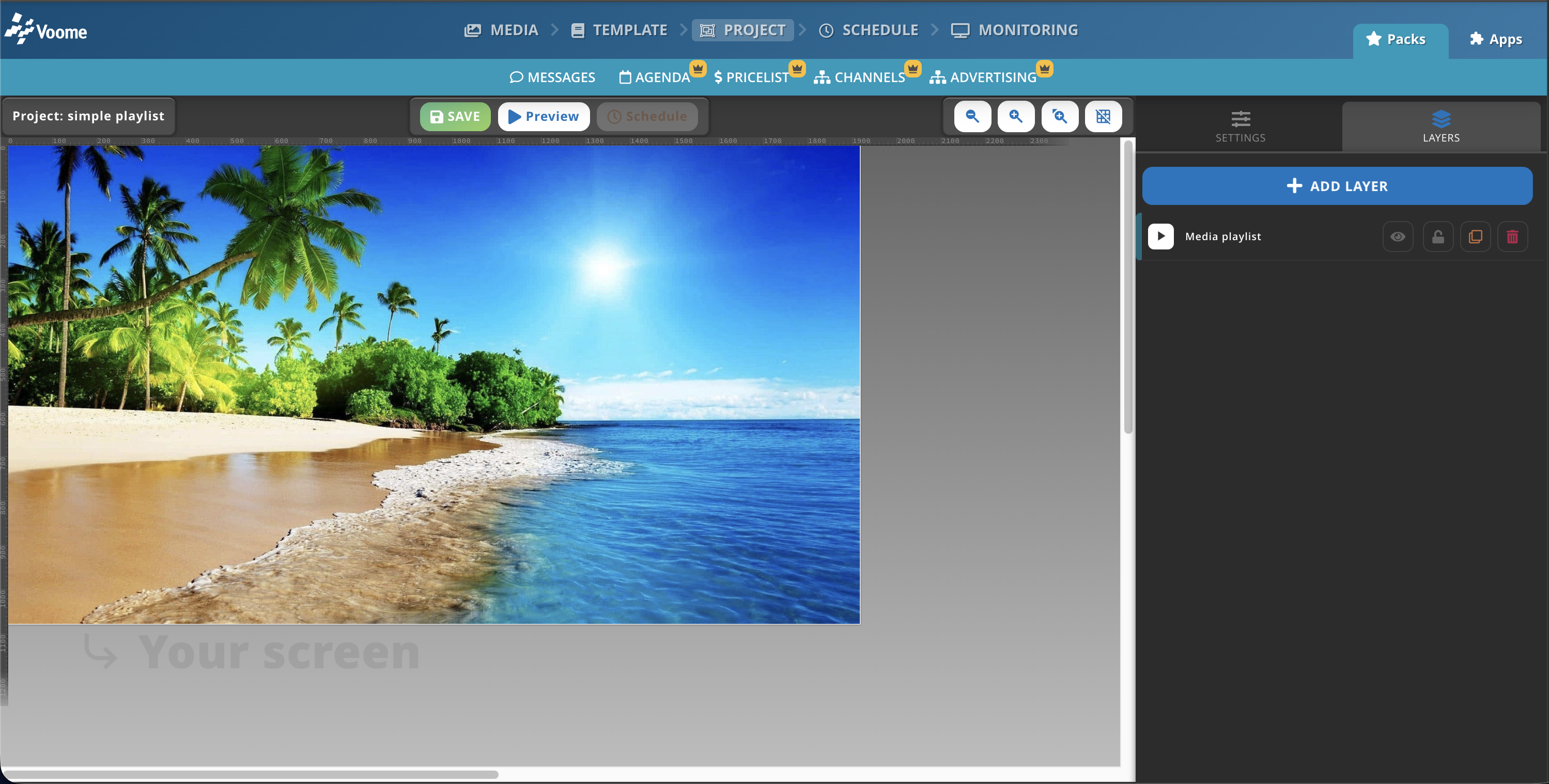 Project editor with a template and layered elements
