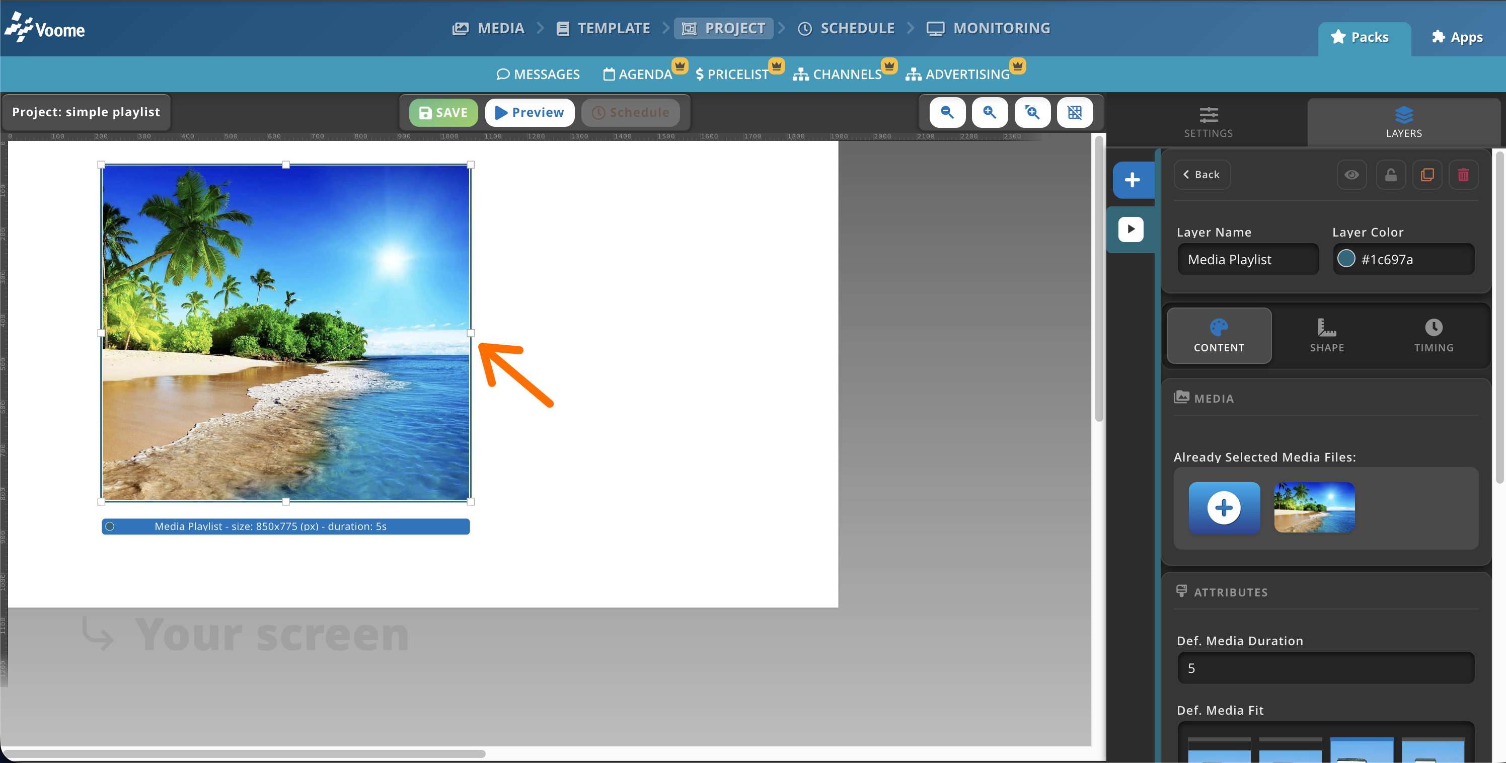 Project editor with a template and layered elements
