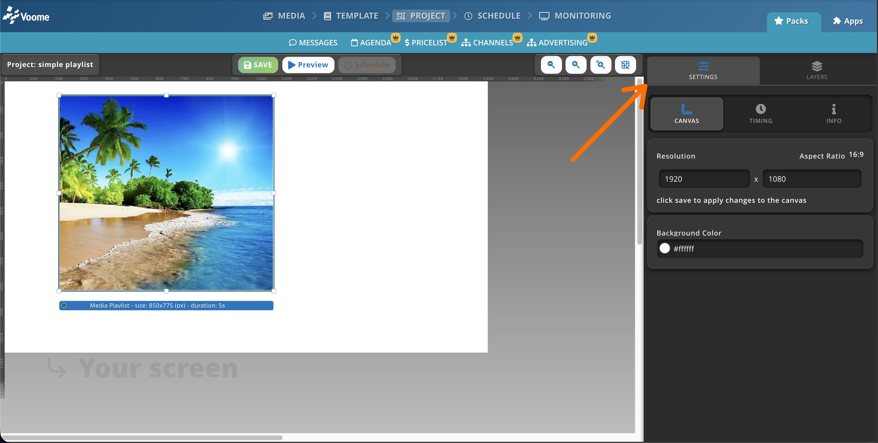 Project editor with a template and layered elements