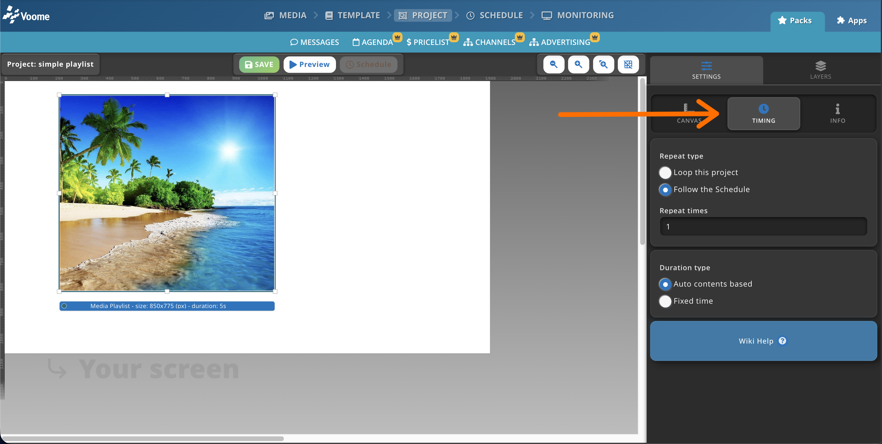 Project editor with a template and layered elements