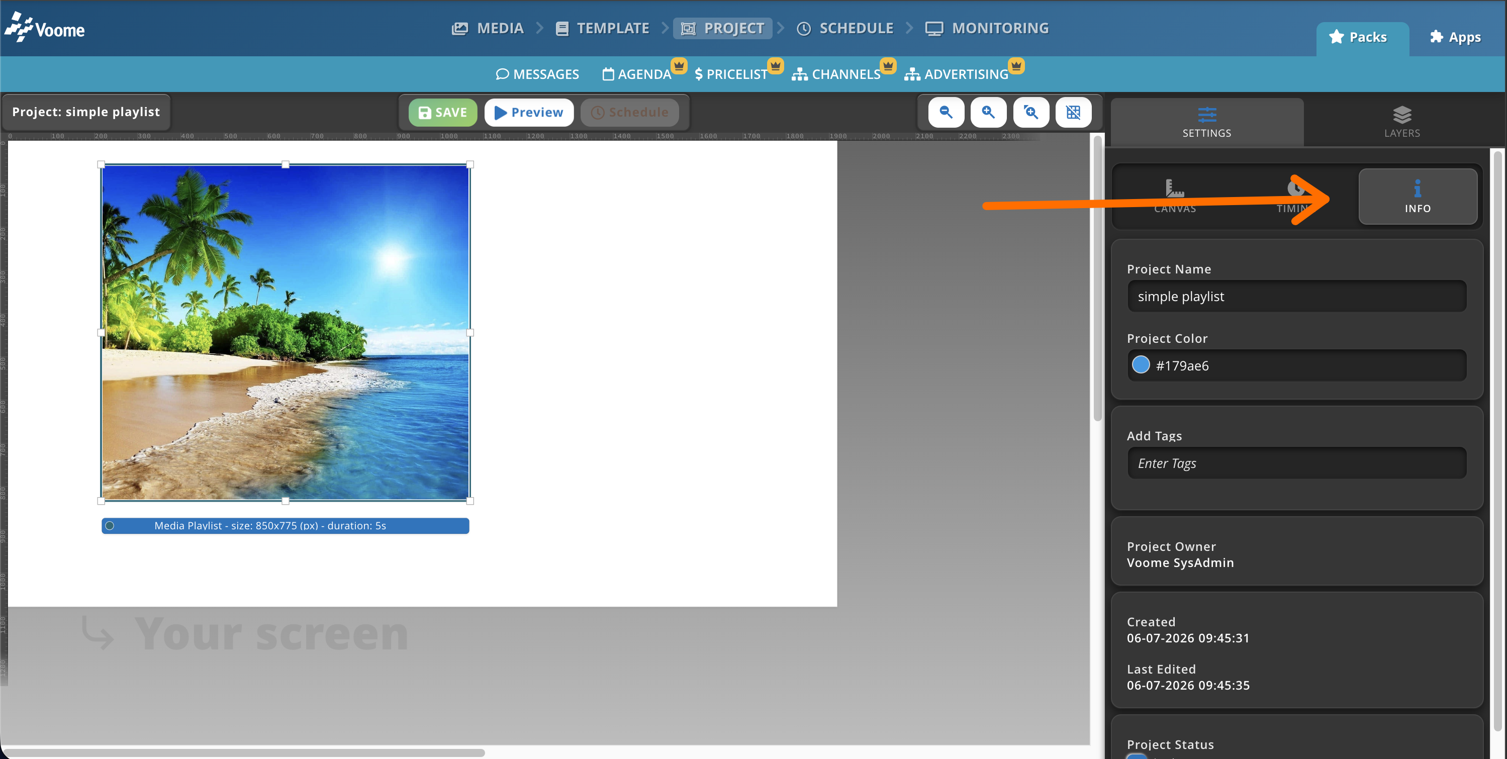 Project editor with a template and layered elements