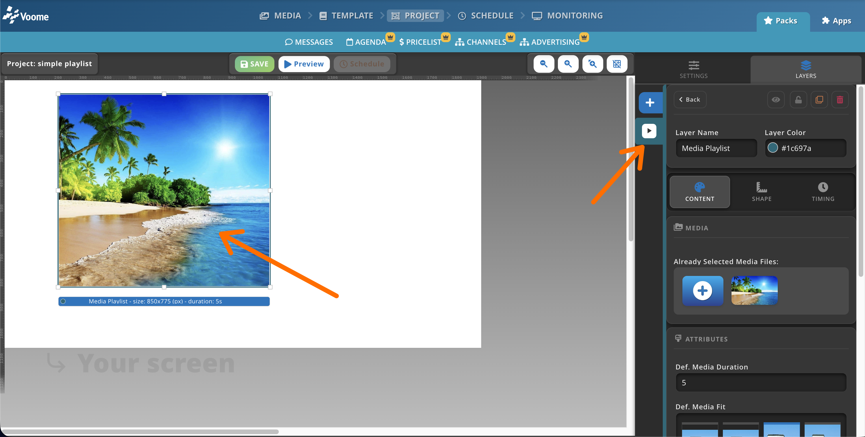Project editor with a template and layered elements