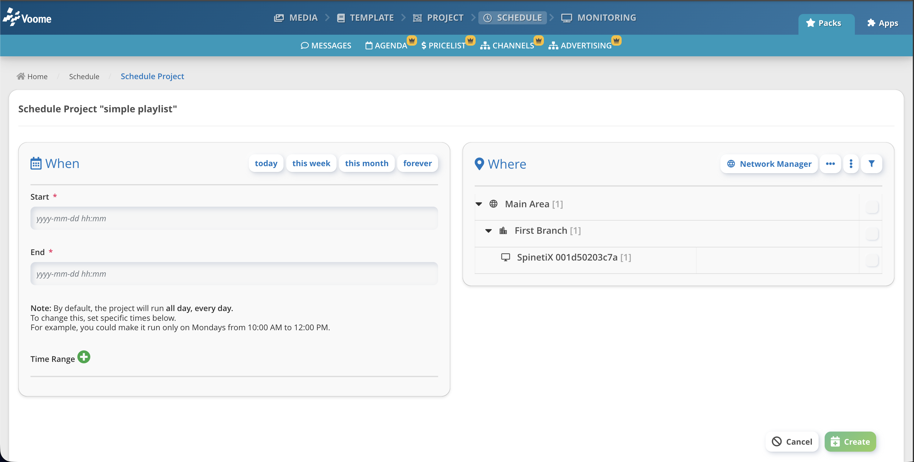 Scheduling view with time window and target screens