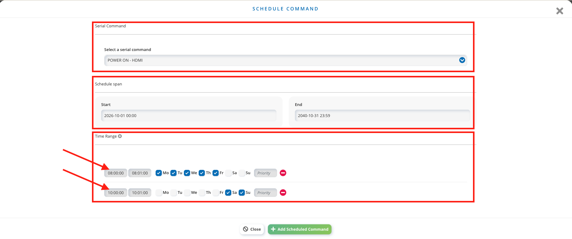 Schedule Command popup with the Serial Command, Schedule span and Time Range sections