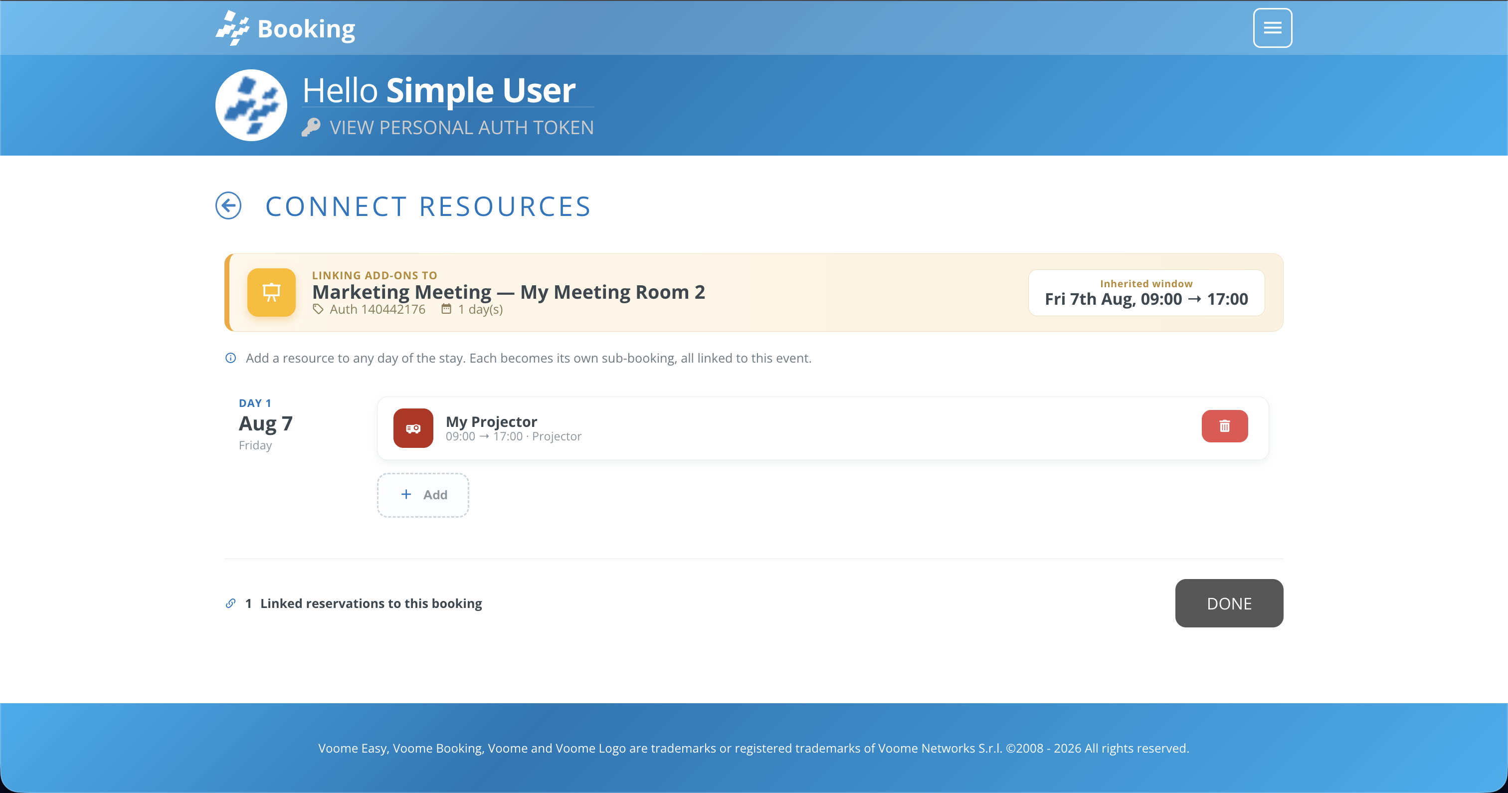 The Connect Resources page with My Projector linked to Day 1, a bin icon to remove it, and one linked reservation counted