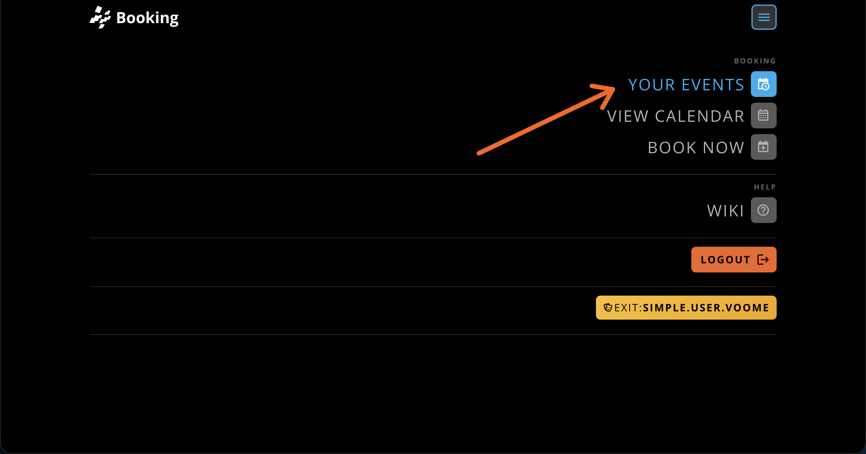 The Booking menu open, with Your Events highlighted