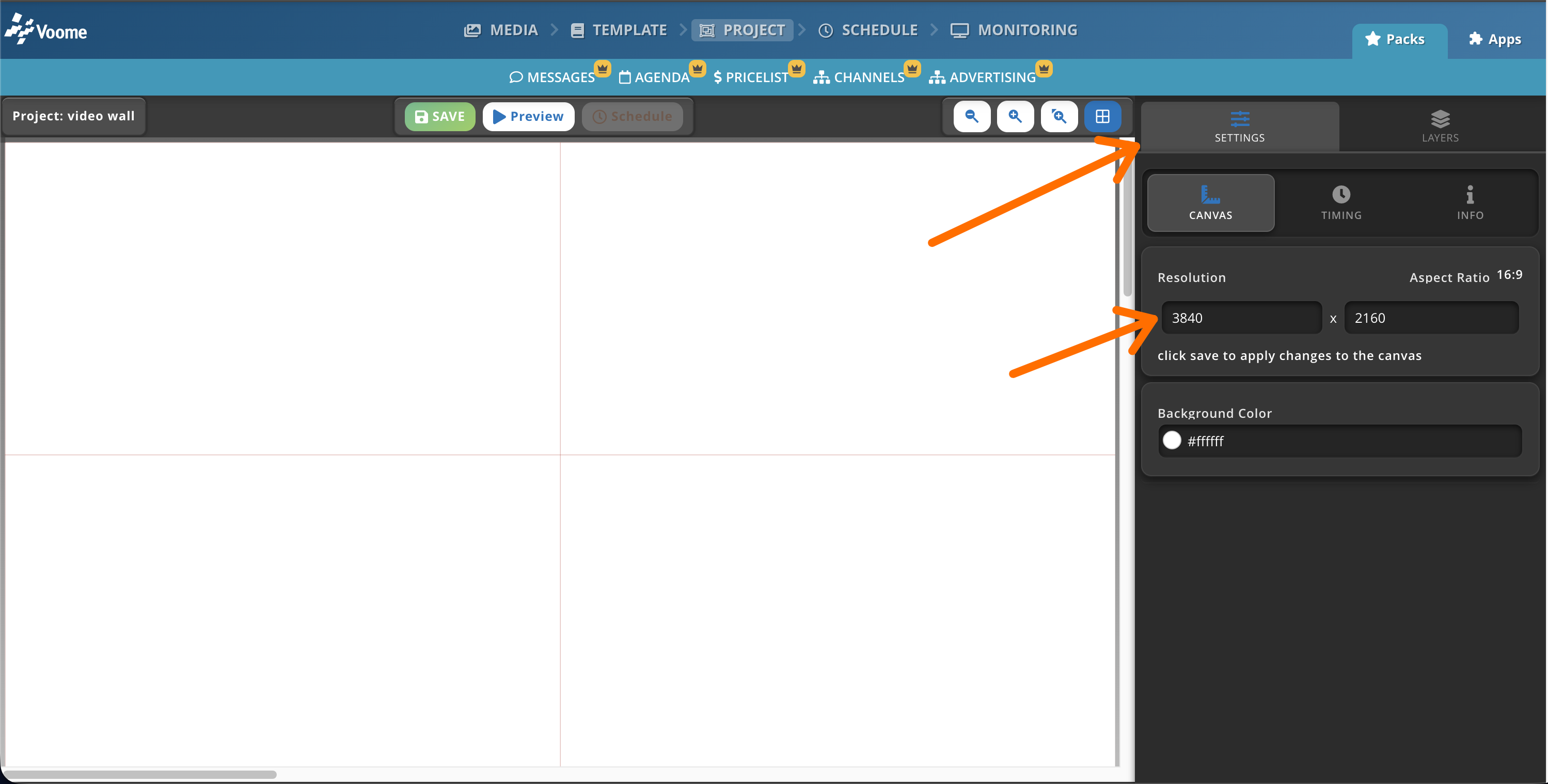 Project editor with the CANVAS tab open and Resolution set to 3840 x 2160