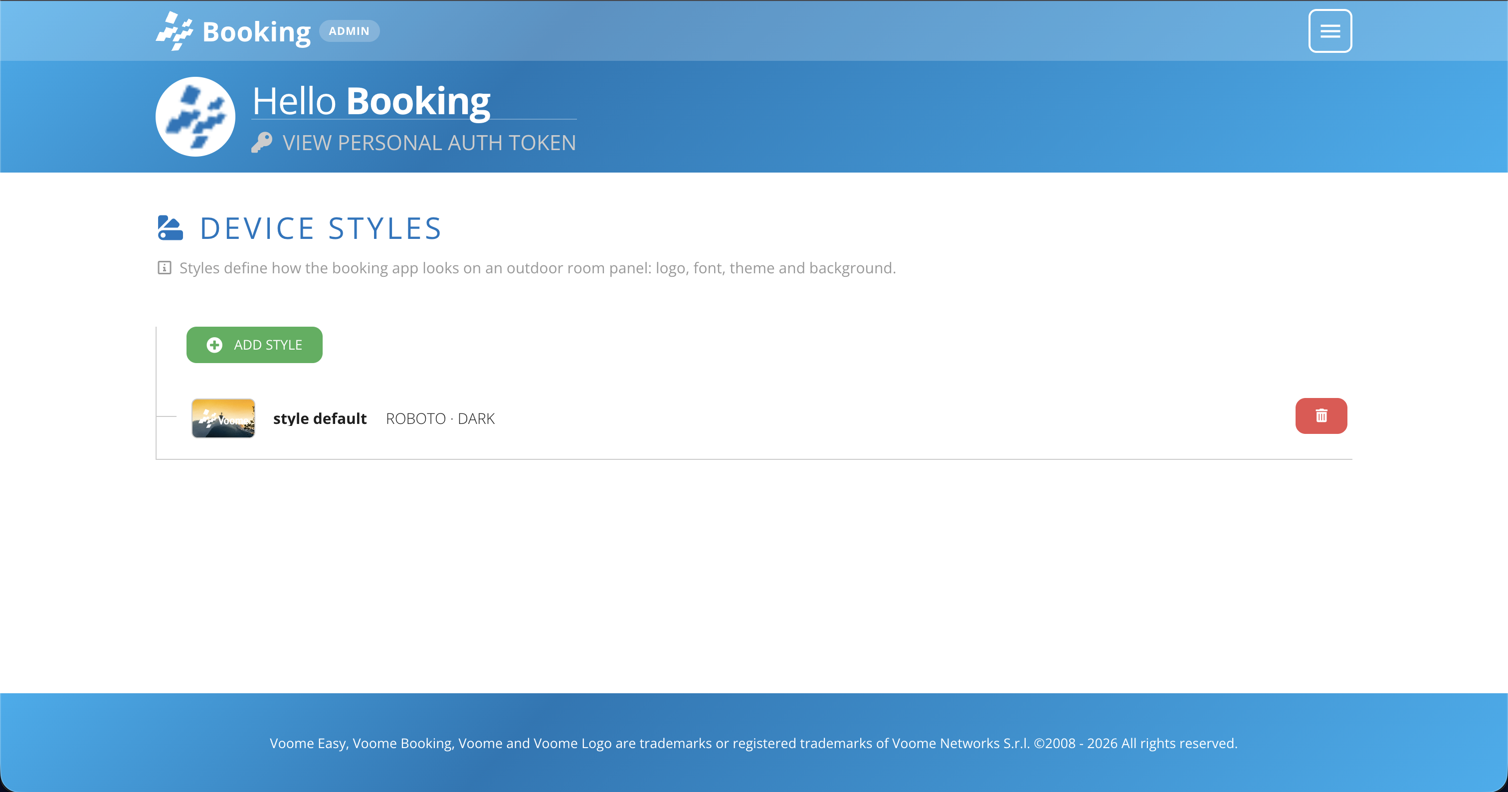 La pagina Device Styles del pannello di amministrazione di Booking, con il pulsante Add Style e uno stile esistente