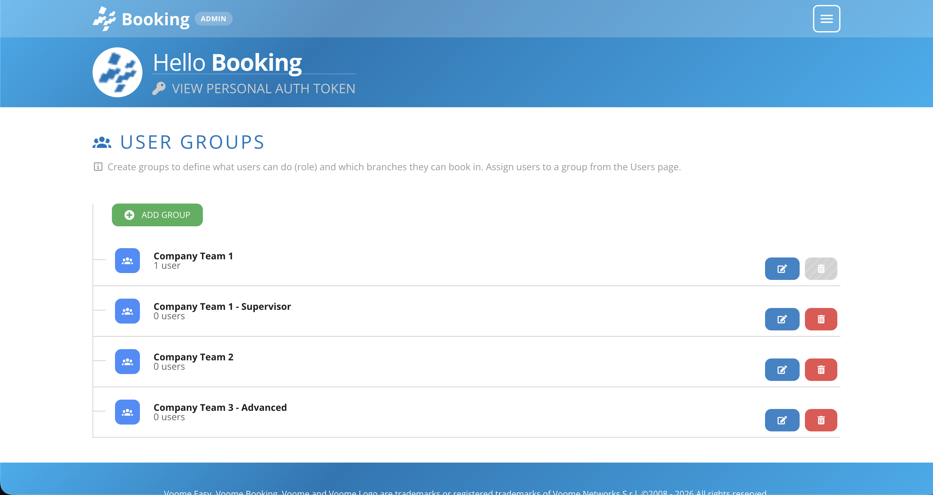 La pagina User Groups del pannello di amministrazione di Booking, con l'elenco dei gruppi e il numero di utenti di ciascuno