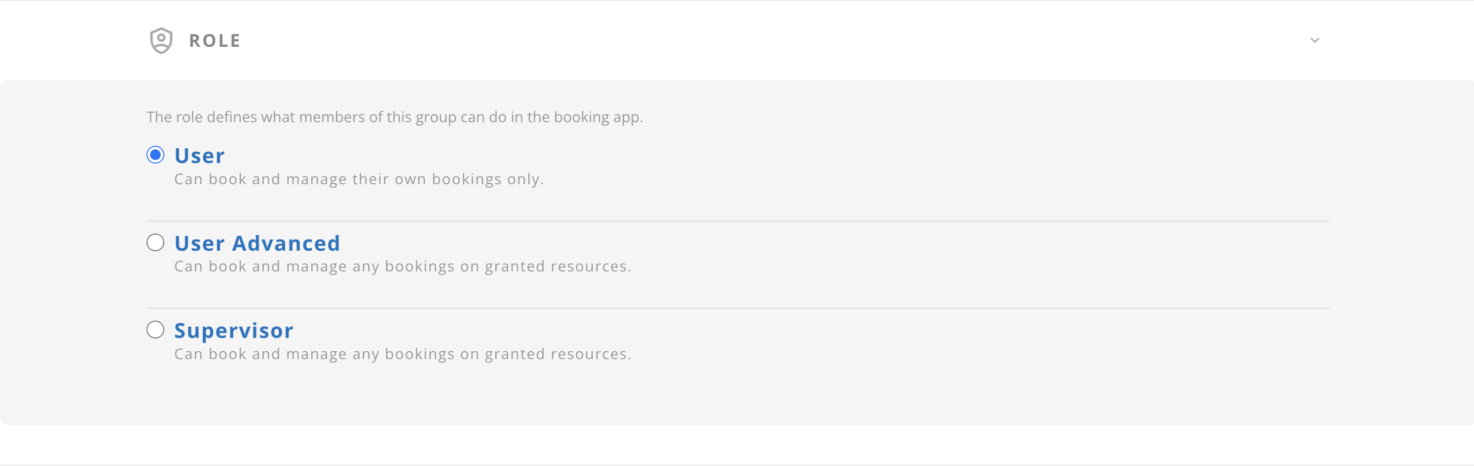 La sezione Role del modulo Edit Group, con le opzioni User, User Advanced e Supervisor