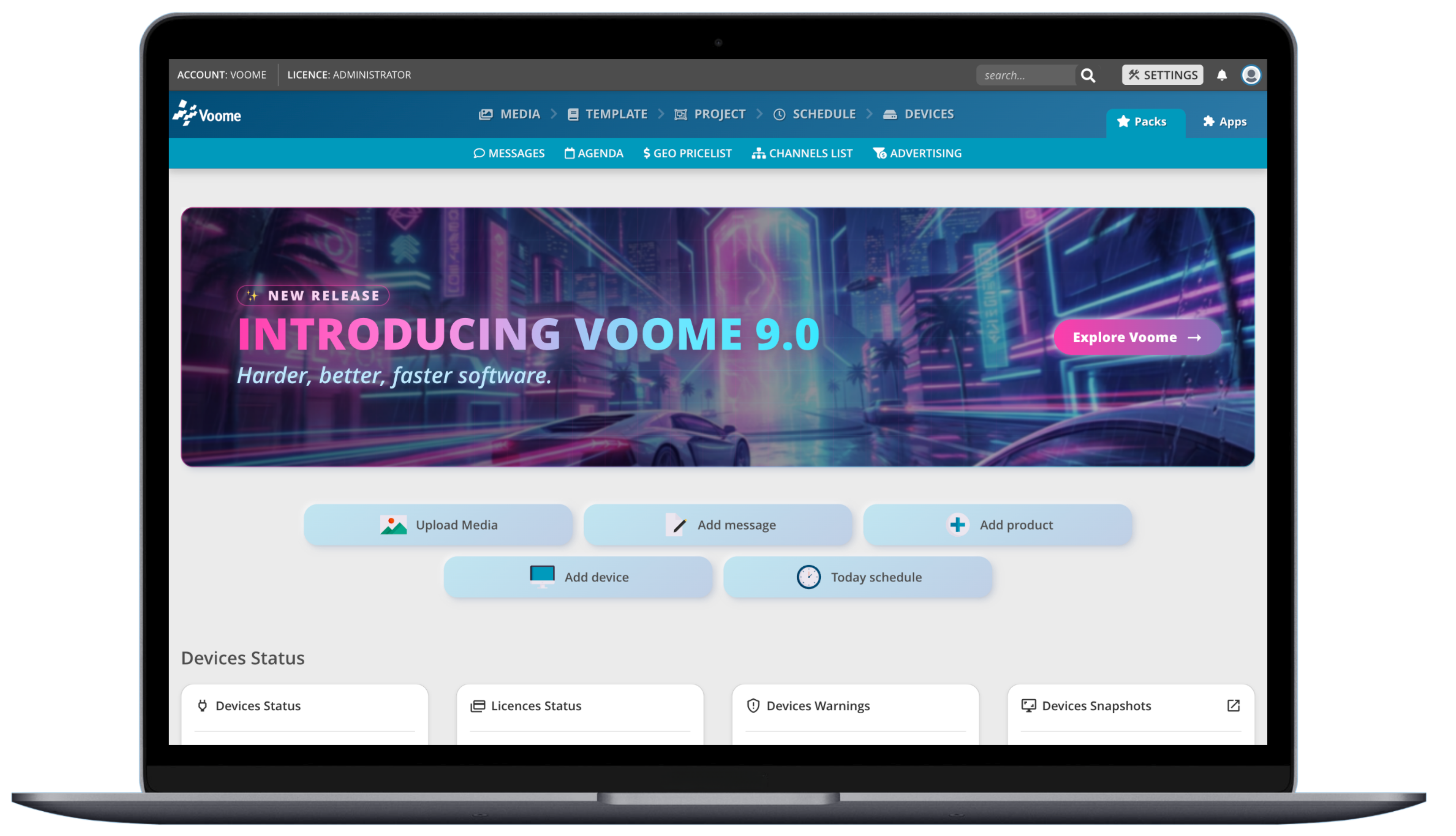 La homepage della piattaforma Voome con la navigazione principale, le azioni rapide e lo stato dei dispositivi