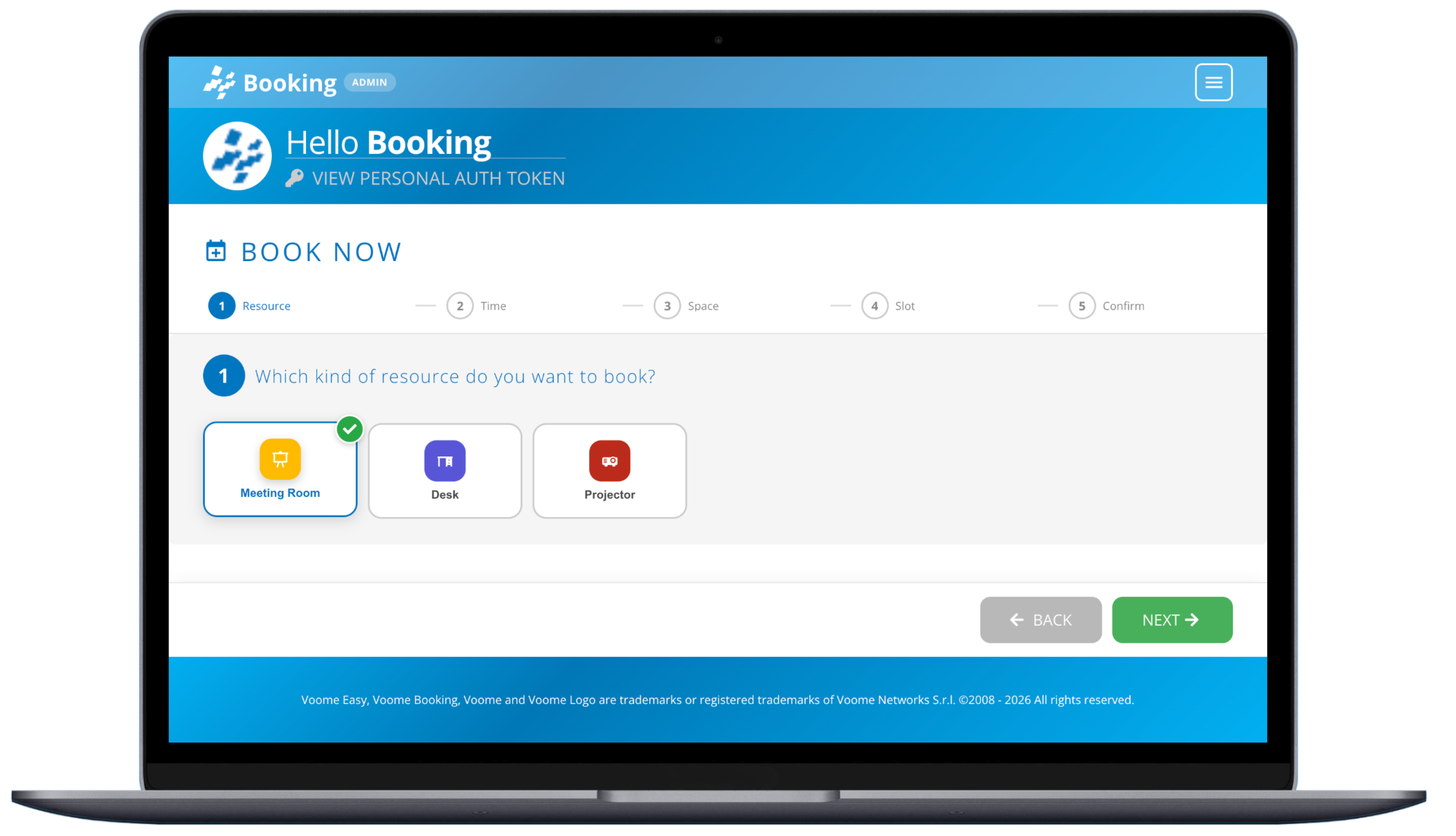 The Voome platform homepage with main navigation, quick actions, and device status