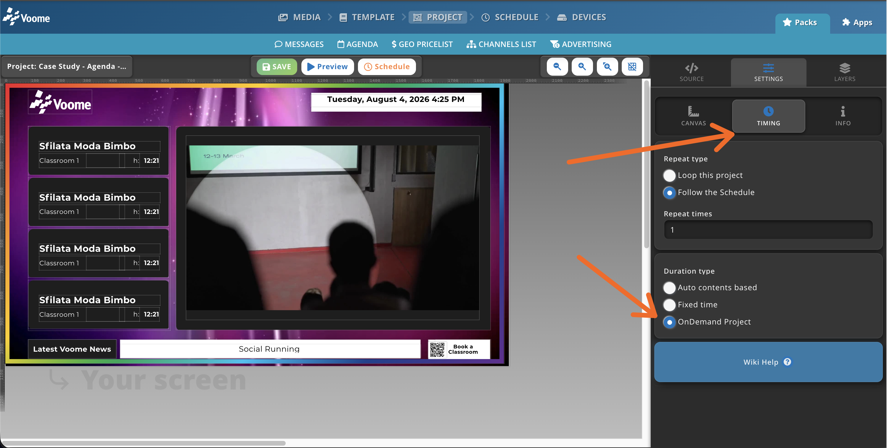 Editor di progetto con la tab TIMING aperta e Duration type impostato su OnDemand Project