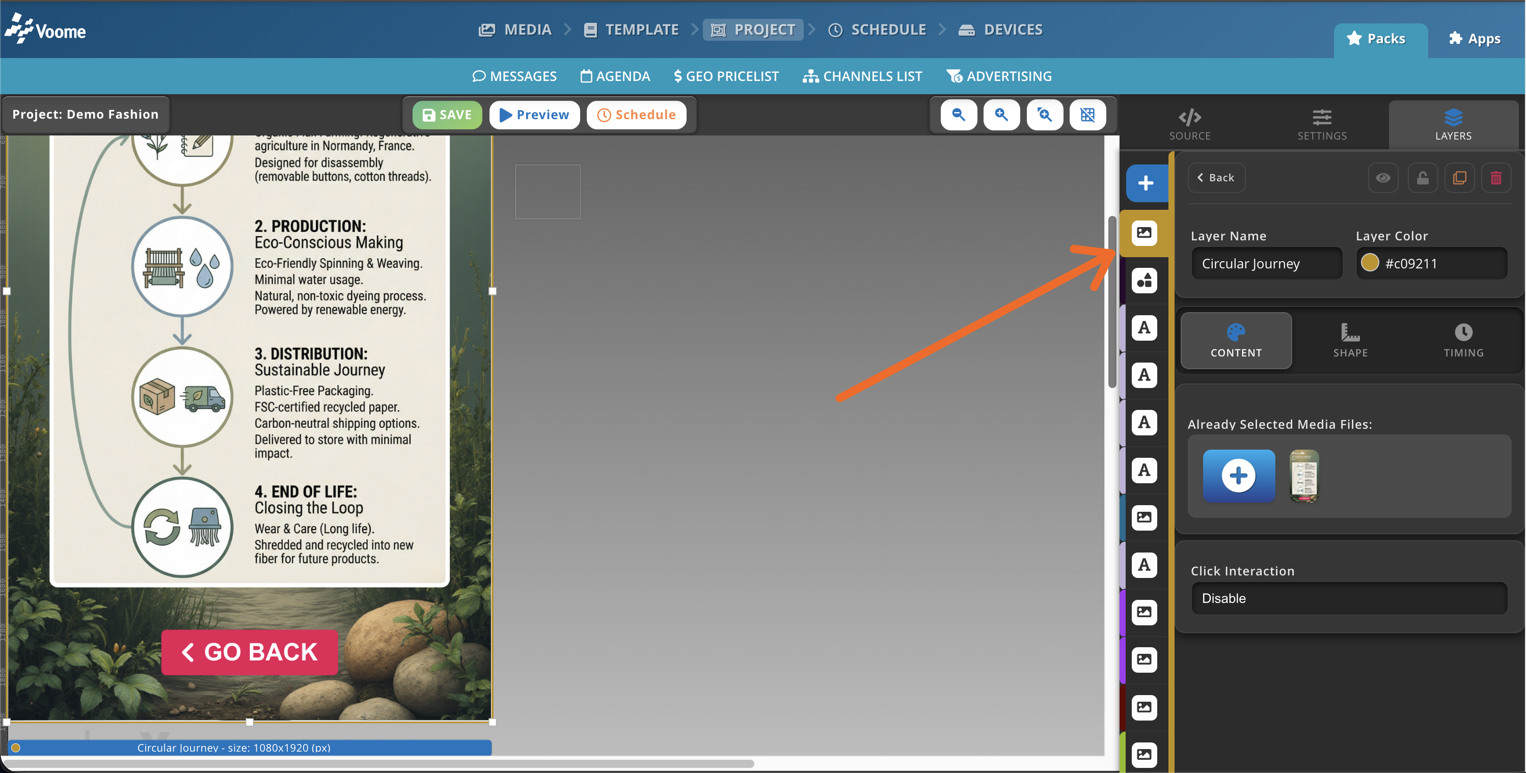 Editor di progetto con l'immagine di dettaglio aggiunta come nuovo livello sopra al design
