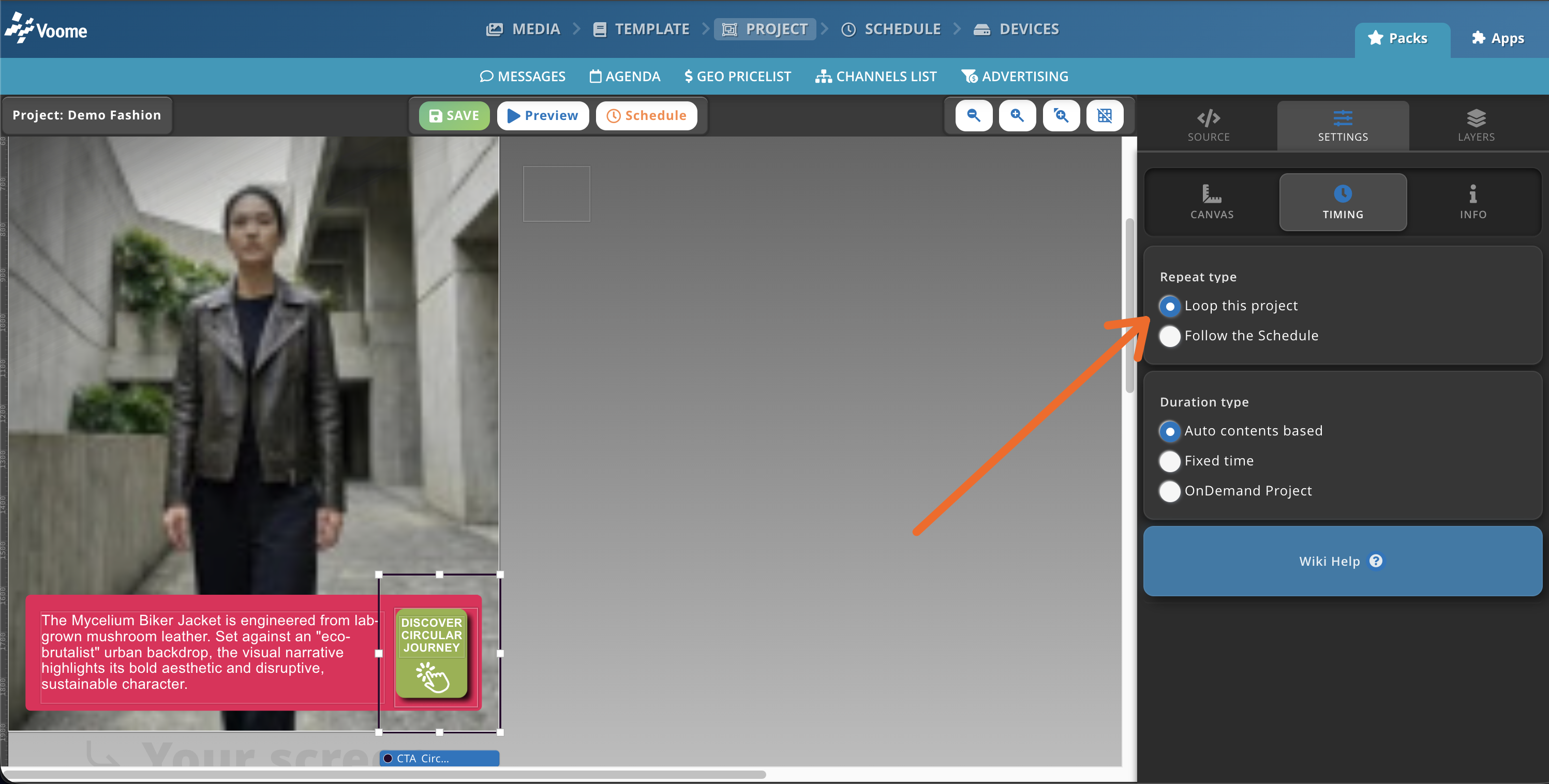 Tab TIMING delle impostazioni di progetto con Repeat type impostato su Loop this project