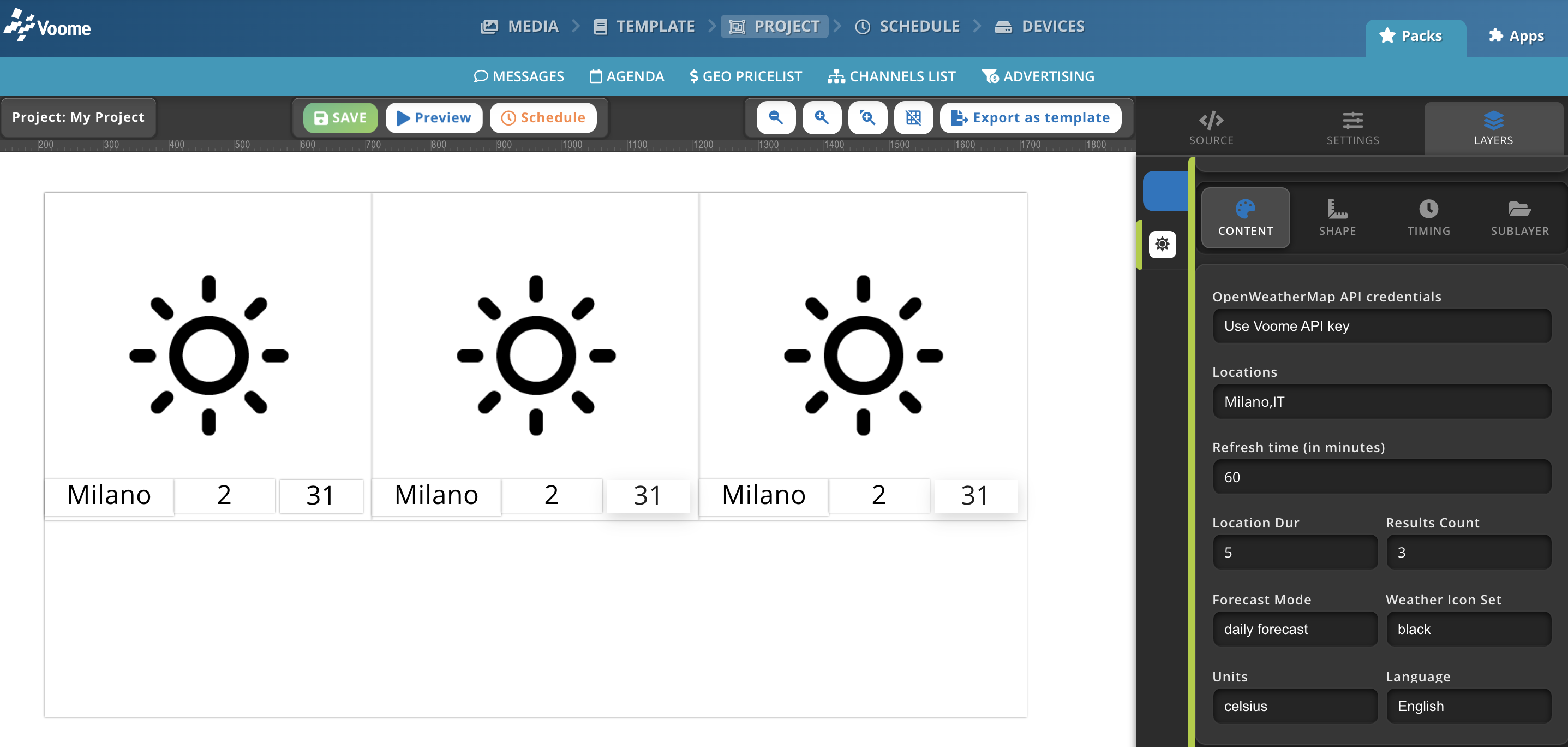 Il livello Meteo impostato sulla modalità daily forecast nell'editor di progetto