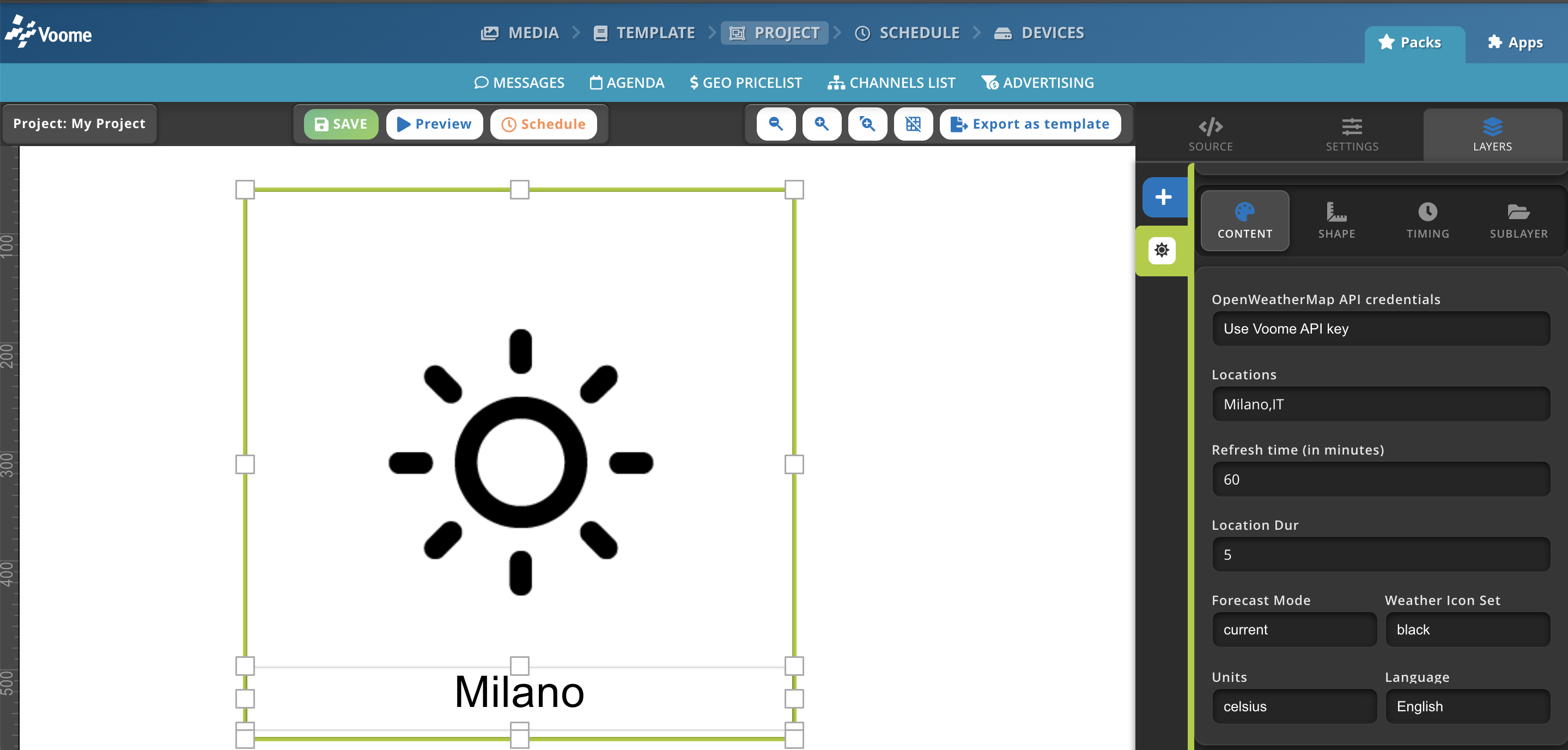 Il livello Meteo impostato sulla modalità current nell'editor di progetto