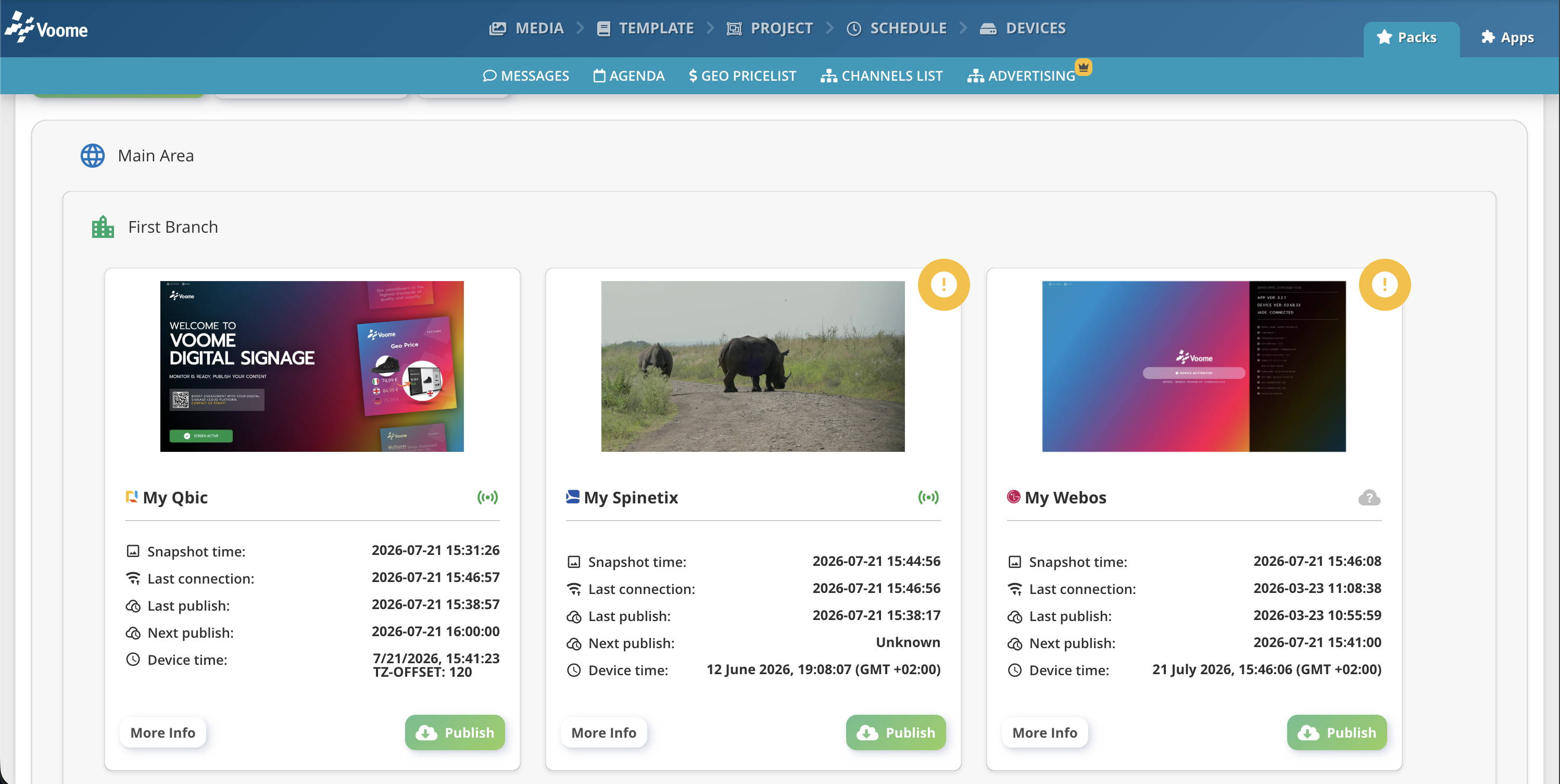 Three device cards showing snapshot time, last connection, last publish, next publish, and device time