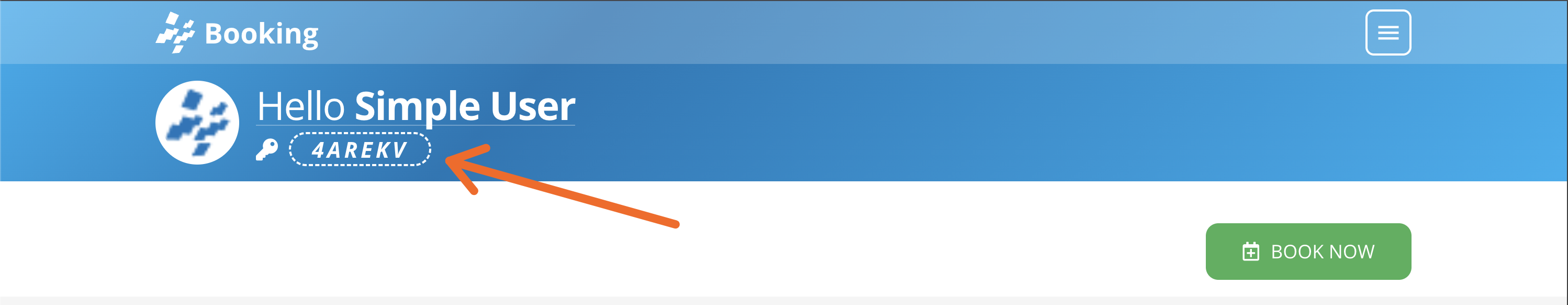 L'intestazione della homepage di Booking con il codice personale rivelato accanto all'icona della chiave