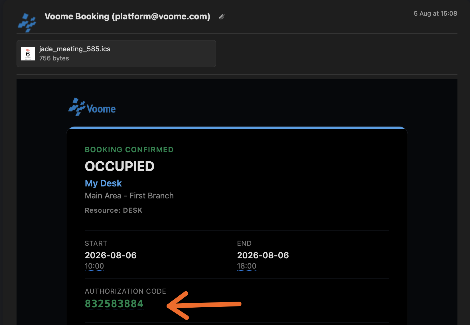 L'email di conferma di Voome Booking, con il codice di autorizzazione sotto gli orari di inizio e fine