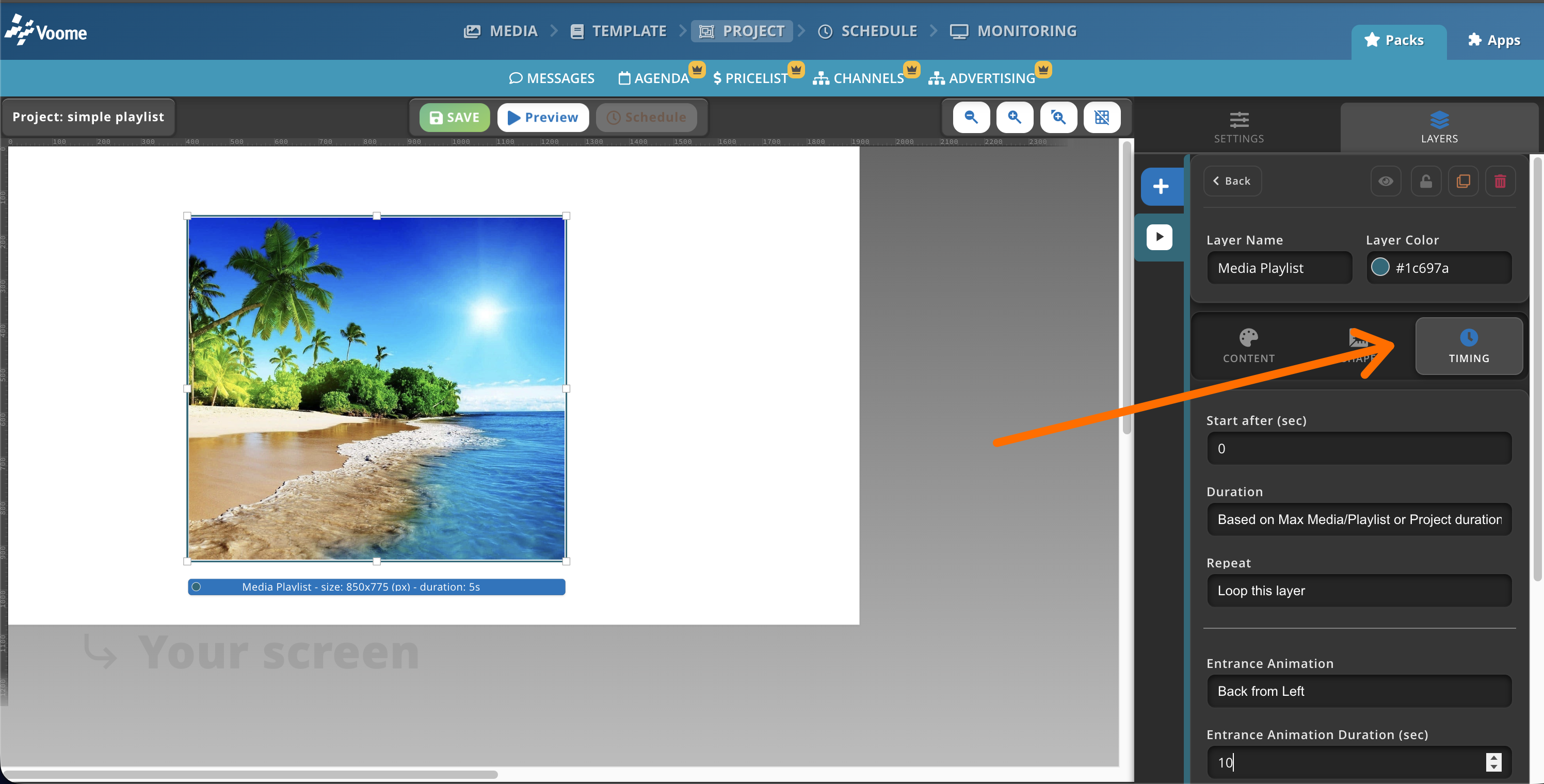 Editor di progetto con un template ed elementi a livelli