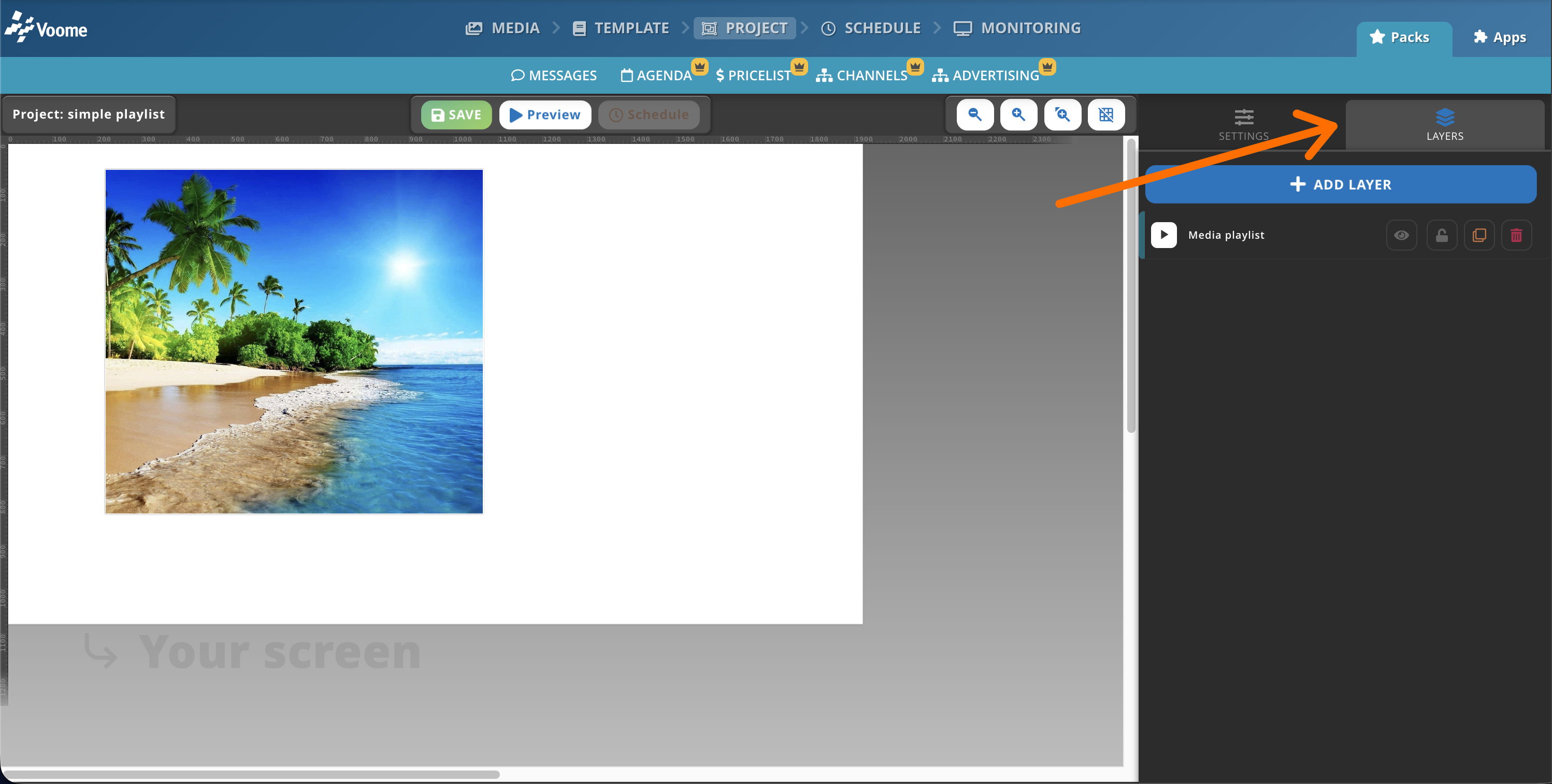 Editor di progetto con un template ed elementi a livelli