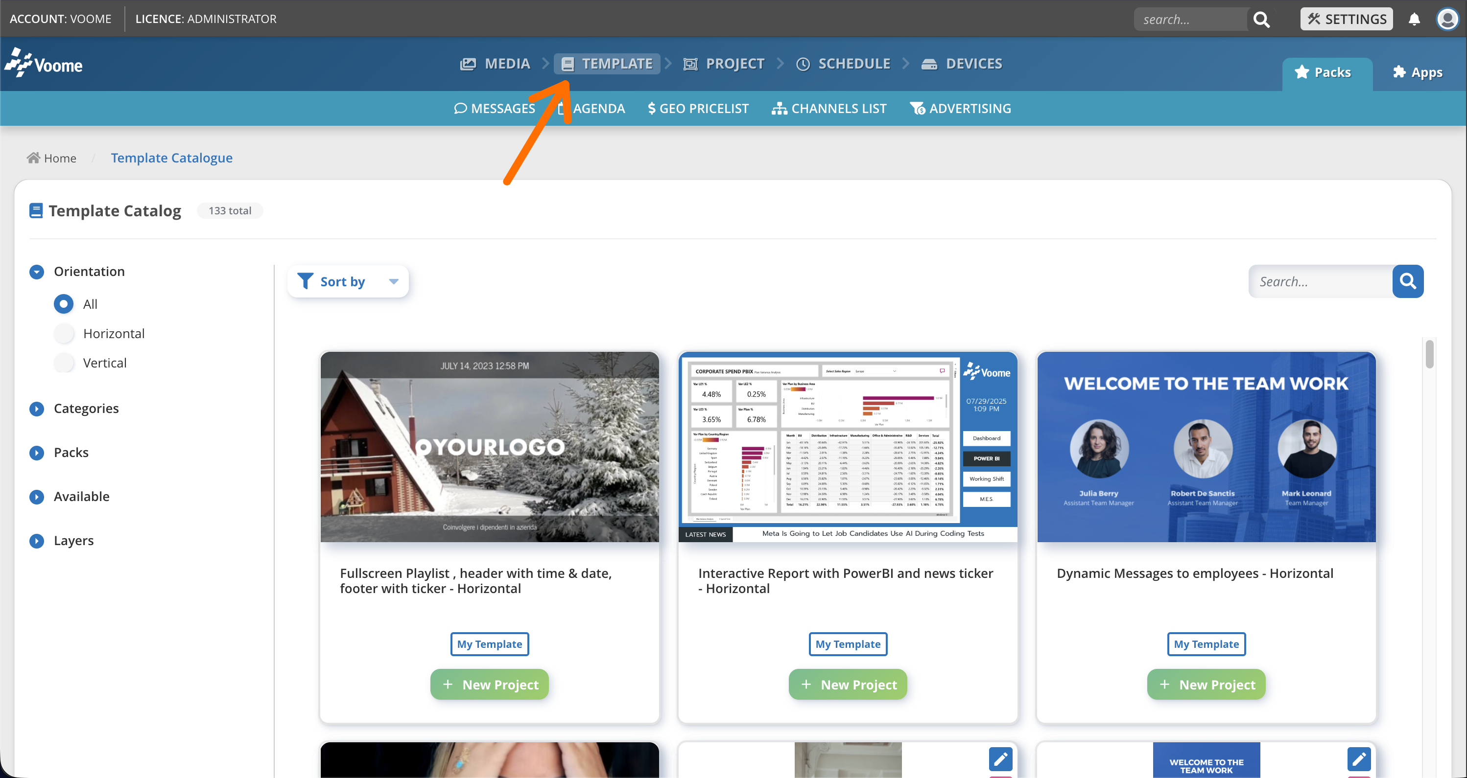 Template catalog showing available layouts
