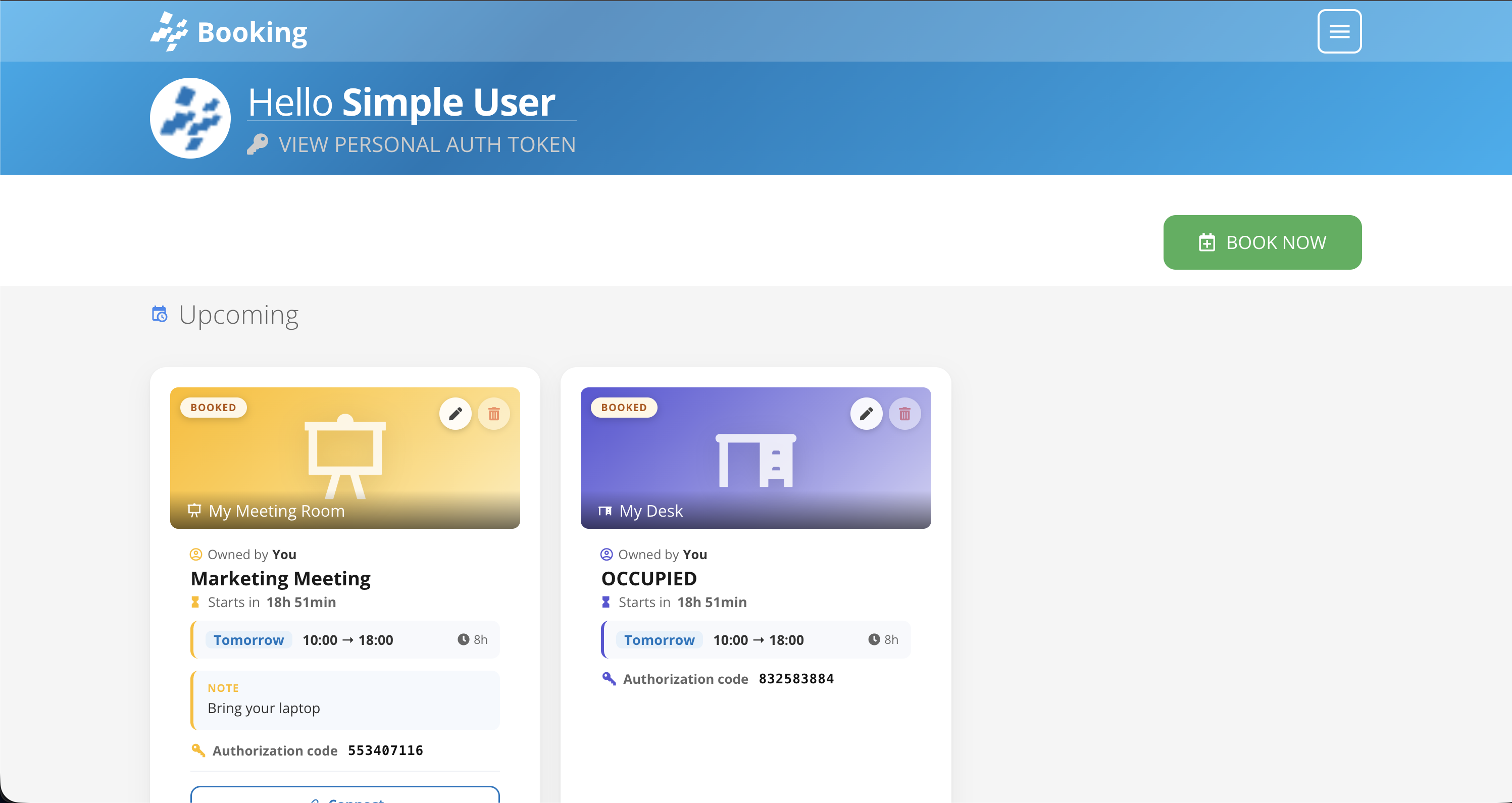 La homepage di Voome Booking, con il token personale, il pulsante Prenota Ora e le prenotazioni in arrivo