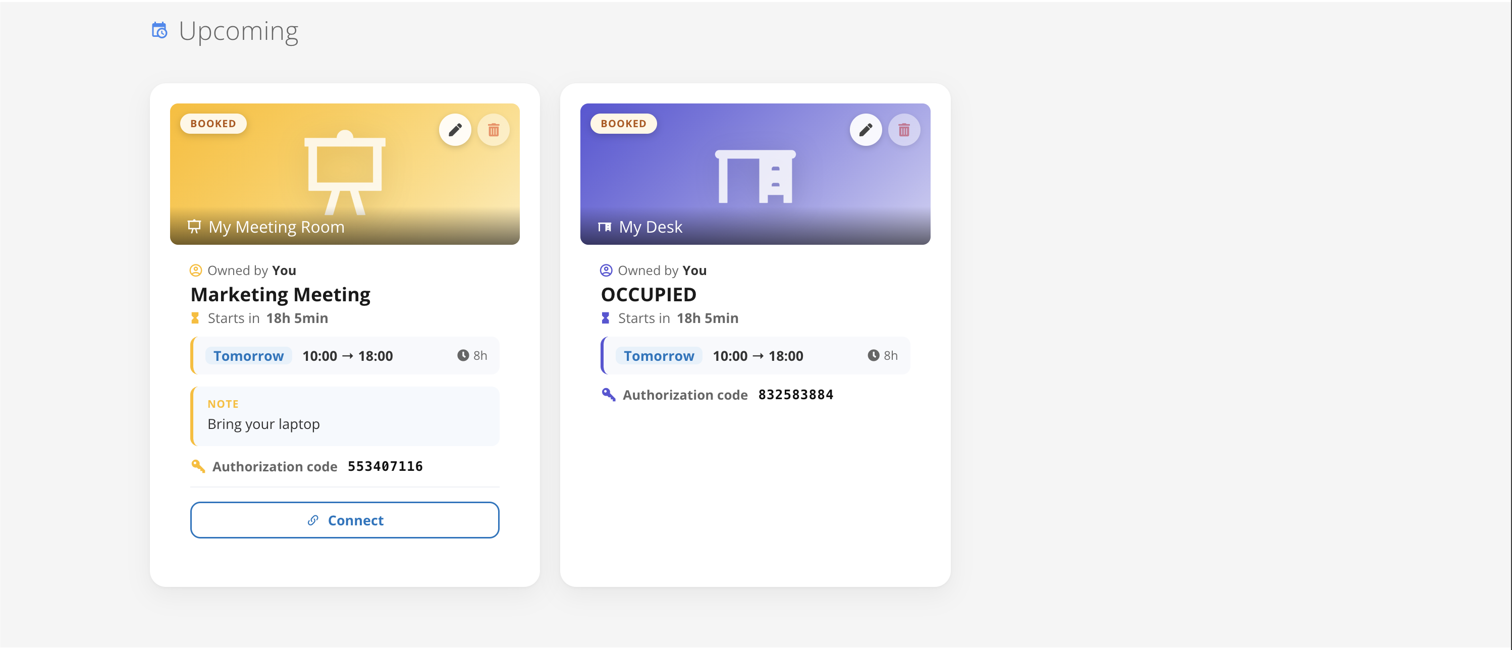 Due card in arrivo, che mostrano stato, orari, nota e codice di autorizzazione