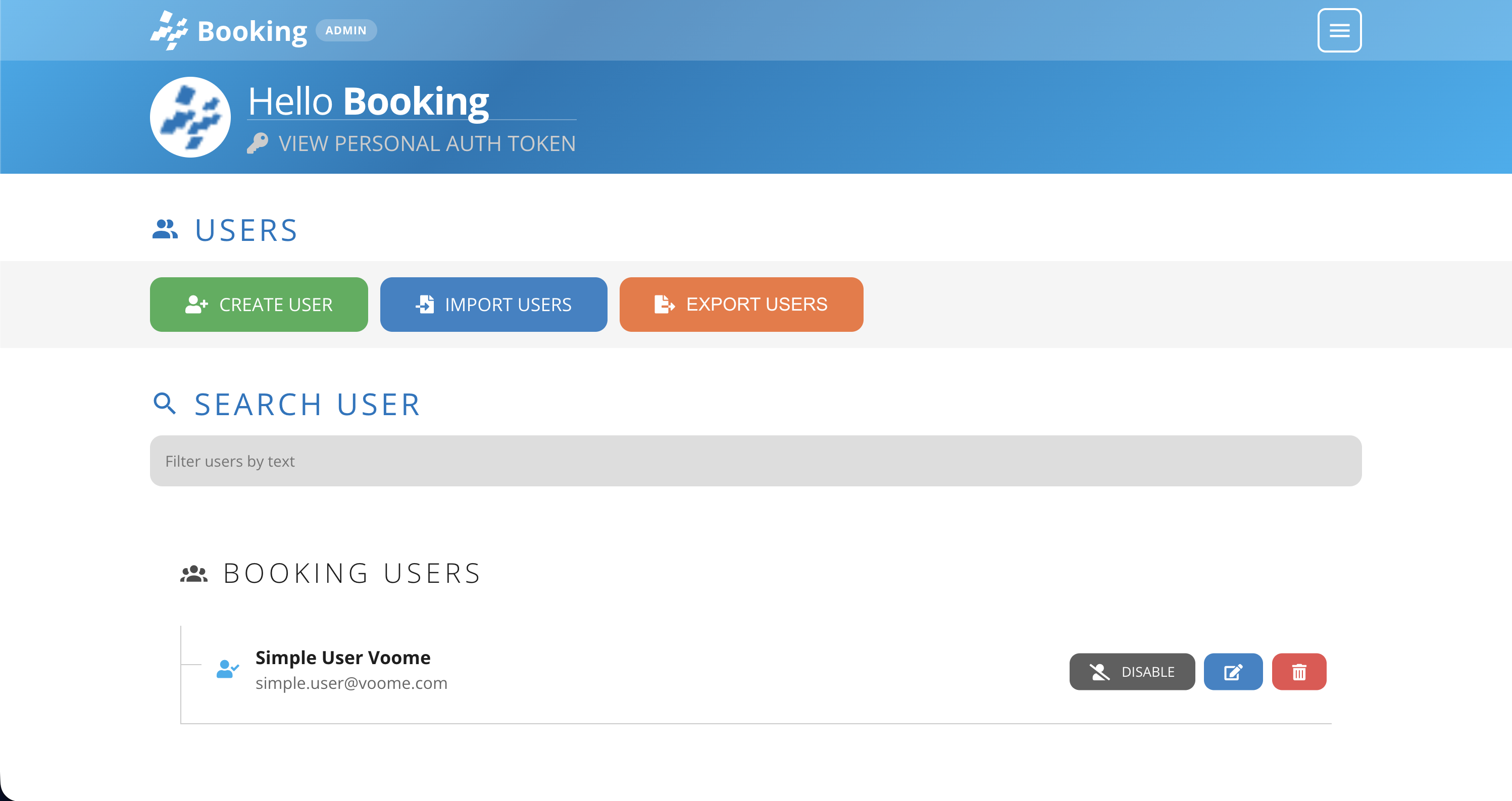 La pagina Utenti del pannello di amministrazione di Booking, con i pulsanti Create User, Import Users ed Export Users sopra l'elenco degli utenti Booking