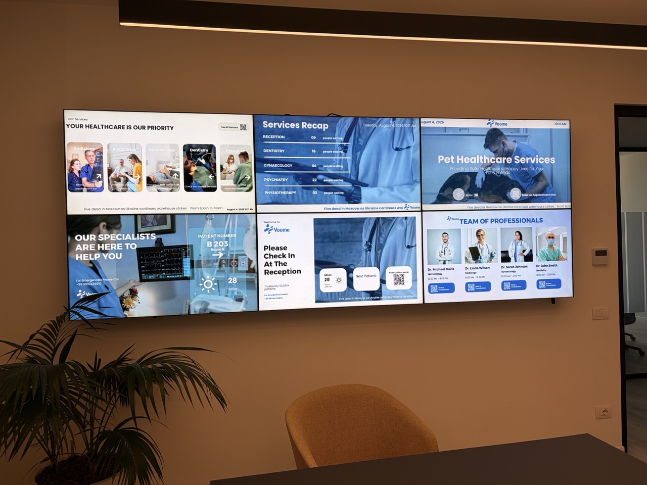 Video wall di sei schermi in una sala d'attesa sanitaria, ogni schermo mostra un servizio diverso